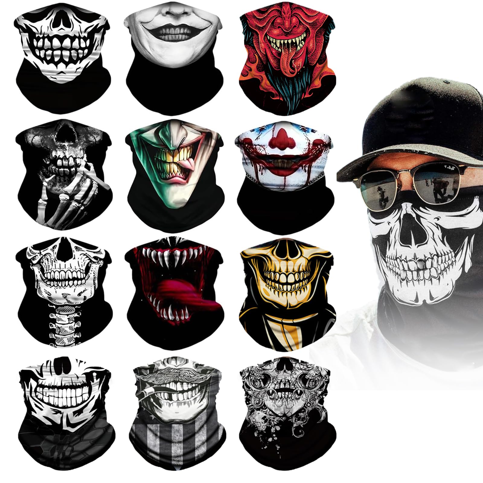 Lot de 12 cache-cou multi-usages en forme de tête de mort - Masque de moto - Protection UV - Unisexe - Convient pour Halloween, carnaval, fêtes et activités de plein air