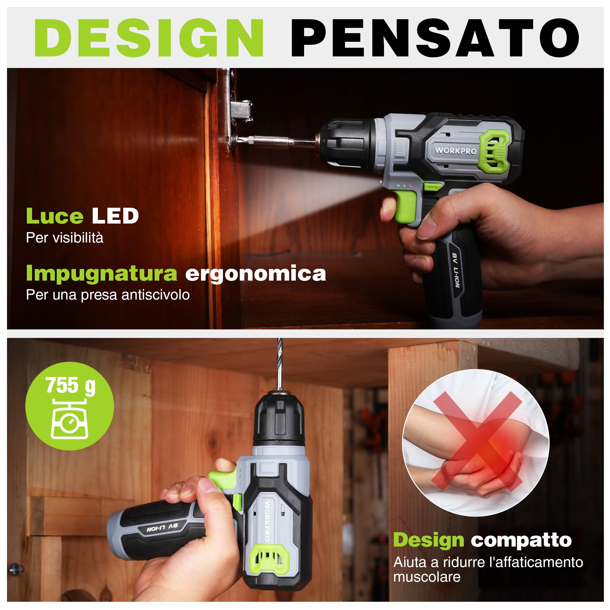 WORKPRO Cacciavite a Batteria 8V | Trapano Avvitatore a Velocità Variabile, Ricaricabile, Luce LED, Con 21 Accessori, Verde