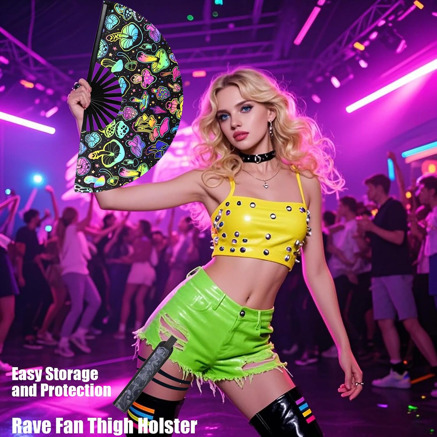 2PCS UV Glow Rave Fan,13in Large Folding Hand Rave Fan with 2 Rave Fan Thigh Holsters,Clack Fan for Line Dancing,Music Festivals,Disco,Glow Party.(Mushrooms)