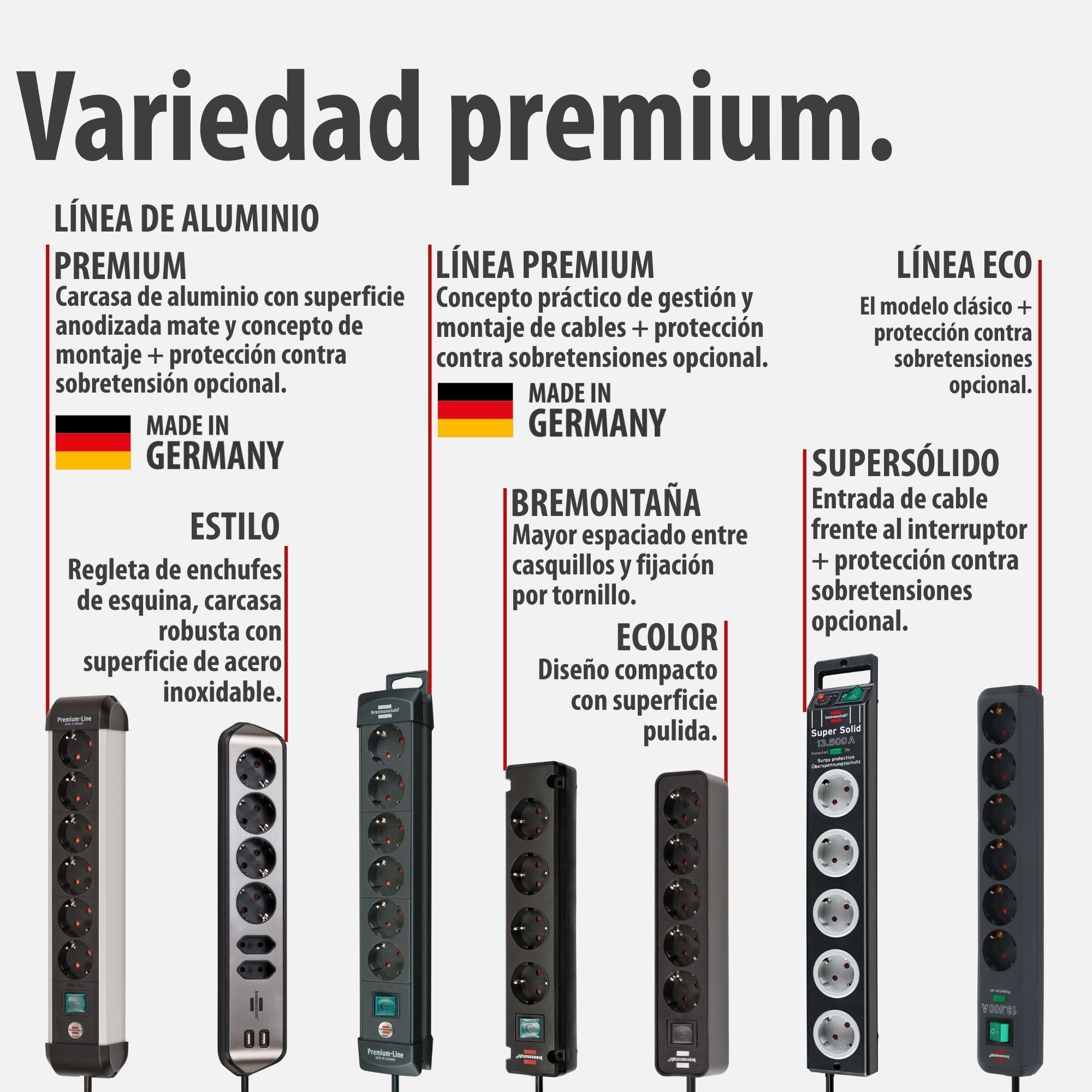 Brennenstuhl Premium-Line regleta de enchufes de 6 vías con 2X USB C PD 65W y USB A 18W (Made in Germany, regleta con Interruptor y Cable de 3m, para Montaje en Pared) Negro