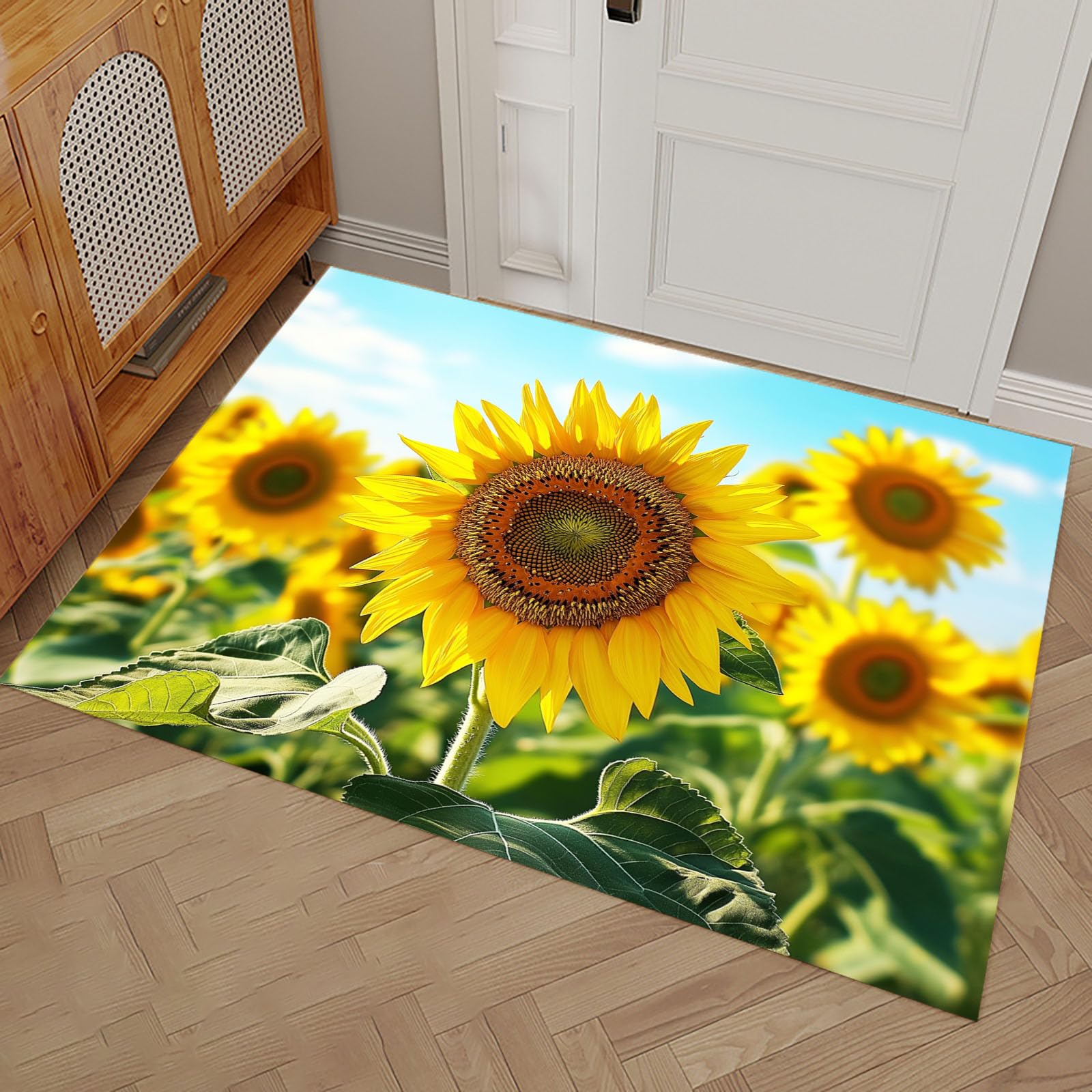 Tapis d'entrée antidérapant contre l'humidité motif fleurs jaunes