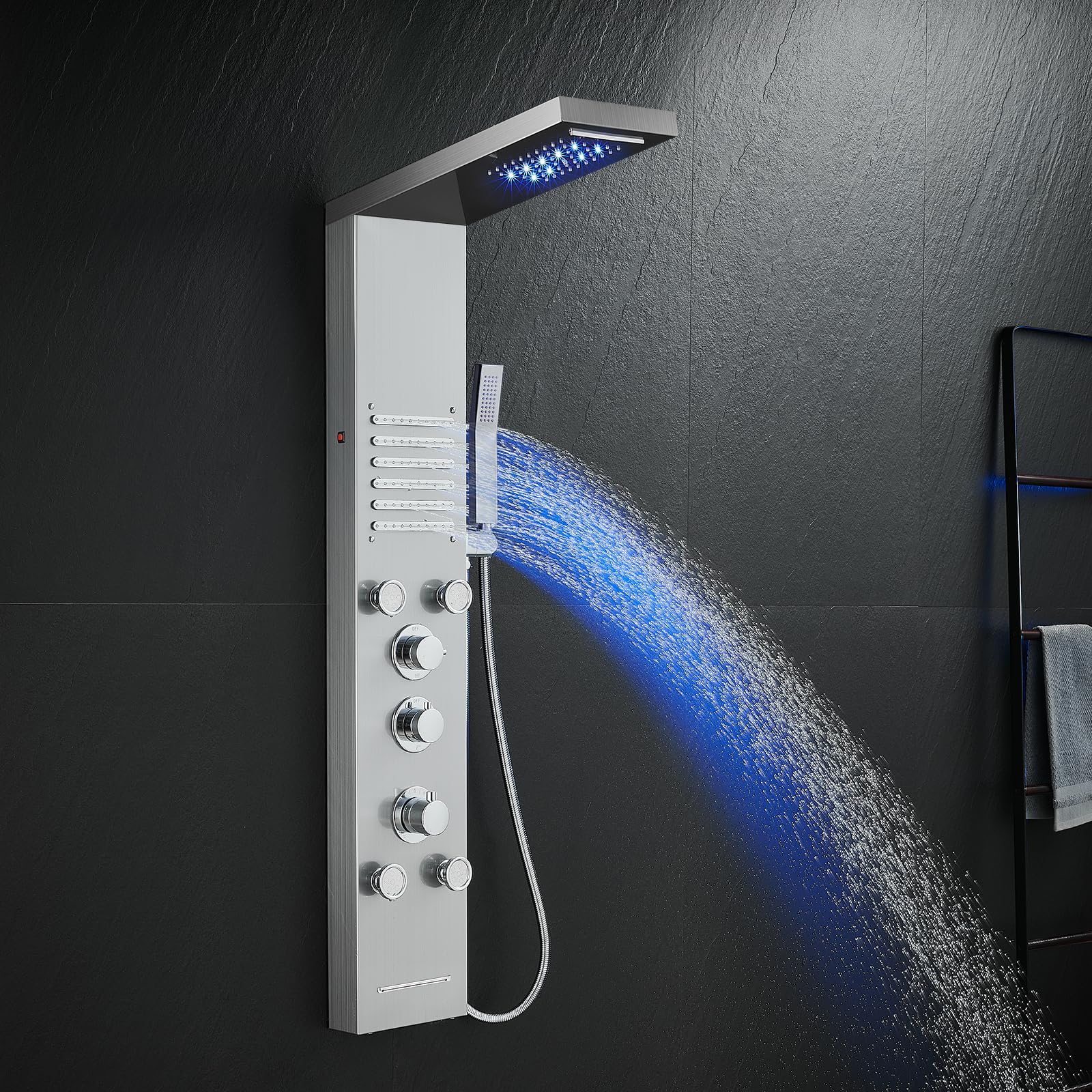KINKIBOS Thermostatic Shower Tower Panel with LED - 6 Functions: Rain & Waterfall, 2 Modes Body Jets, Handset and Bath Spout, 304 Stainless Steel Shower Column, Brushed