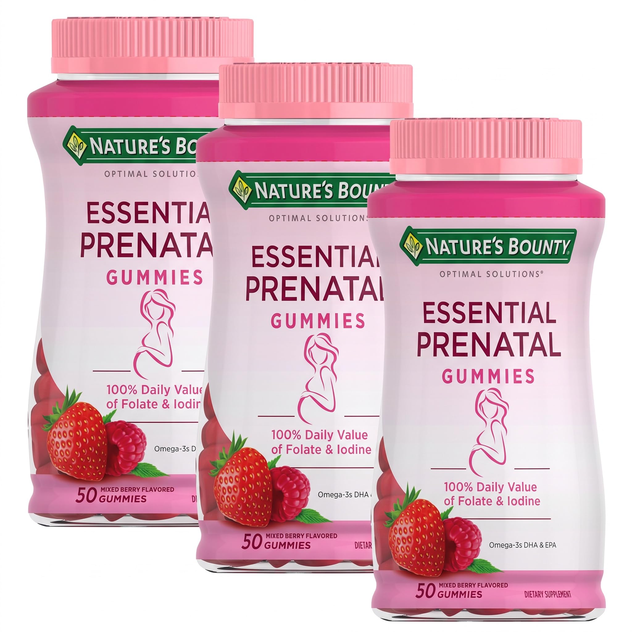 Nature's Bounty Optimal Solutions Essential Prenatal Gummies,Folic Acid and Iodine,Omega 3 and DHA,25 Servings,50 Count (Pack of 3)