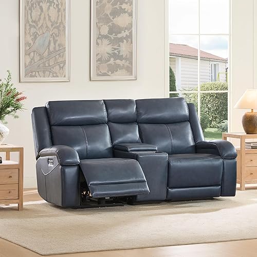 Watson & Whitely Genuine Leather Power Loveseat Recliner Sofa, Wall Hugger Loveseat Reclining Sofa with Storage Console, Power Headrest, Cup Holders, Dual Recliners for Living Room, RV, Navy Blue