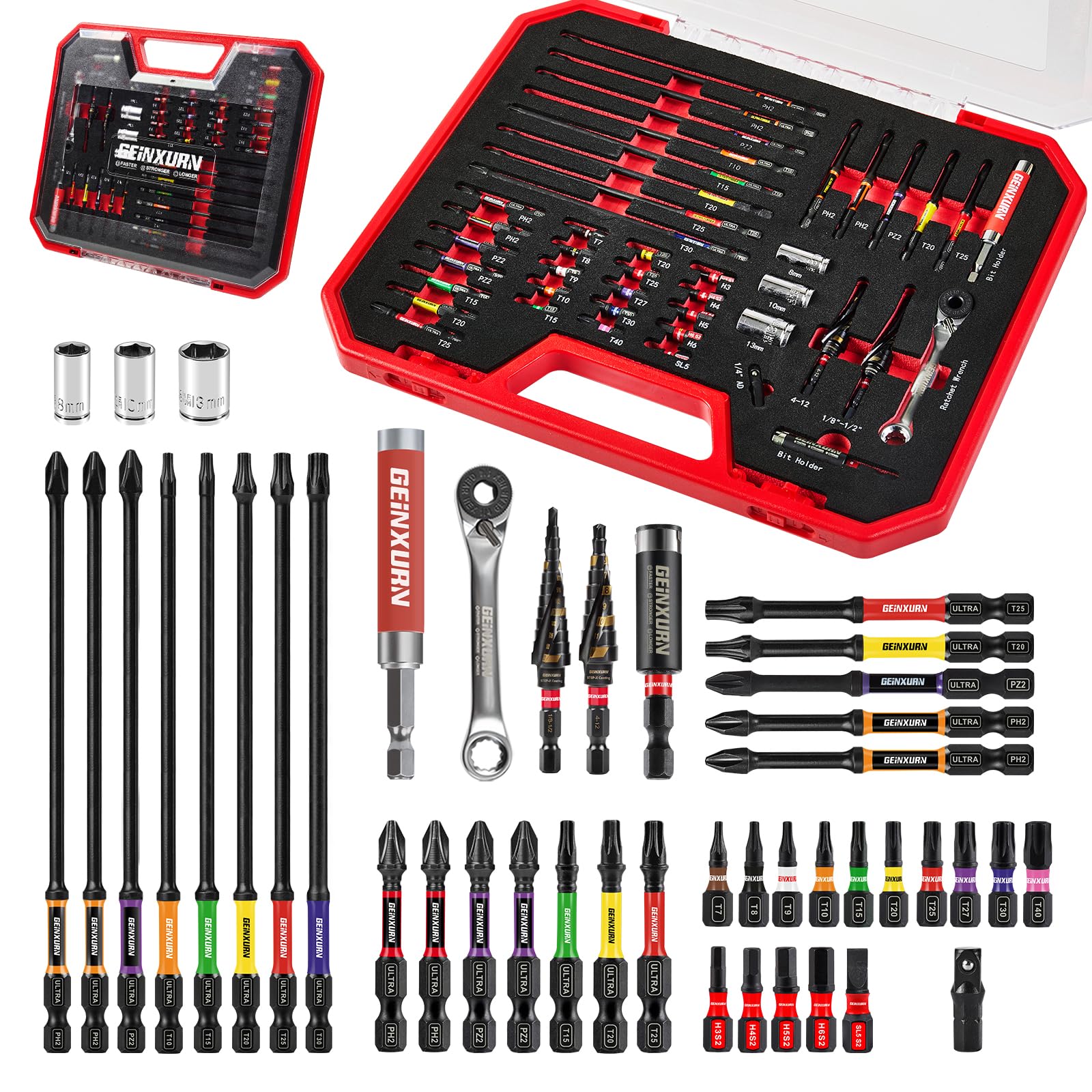 Geinxurn 44Pcs Screwdriver Bits Set, Include Impact Driver Bits, Mini Wrench, Step Drill, Metric Socket Impact Bit Holder and Socket Drive with Red Tool Box for Home Repairs DIY