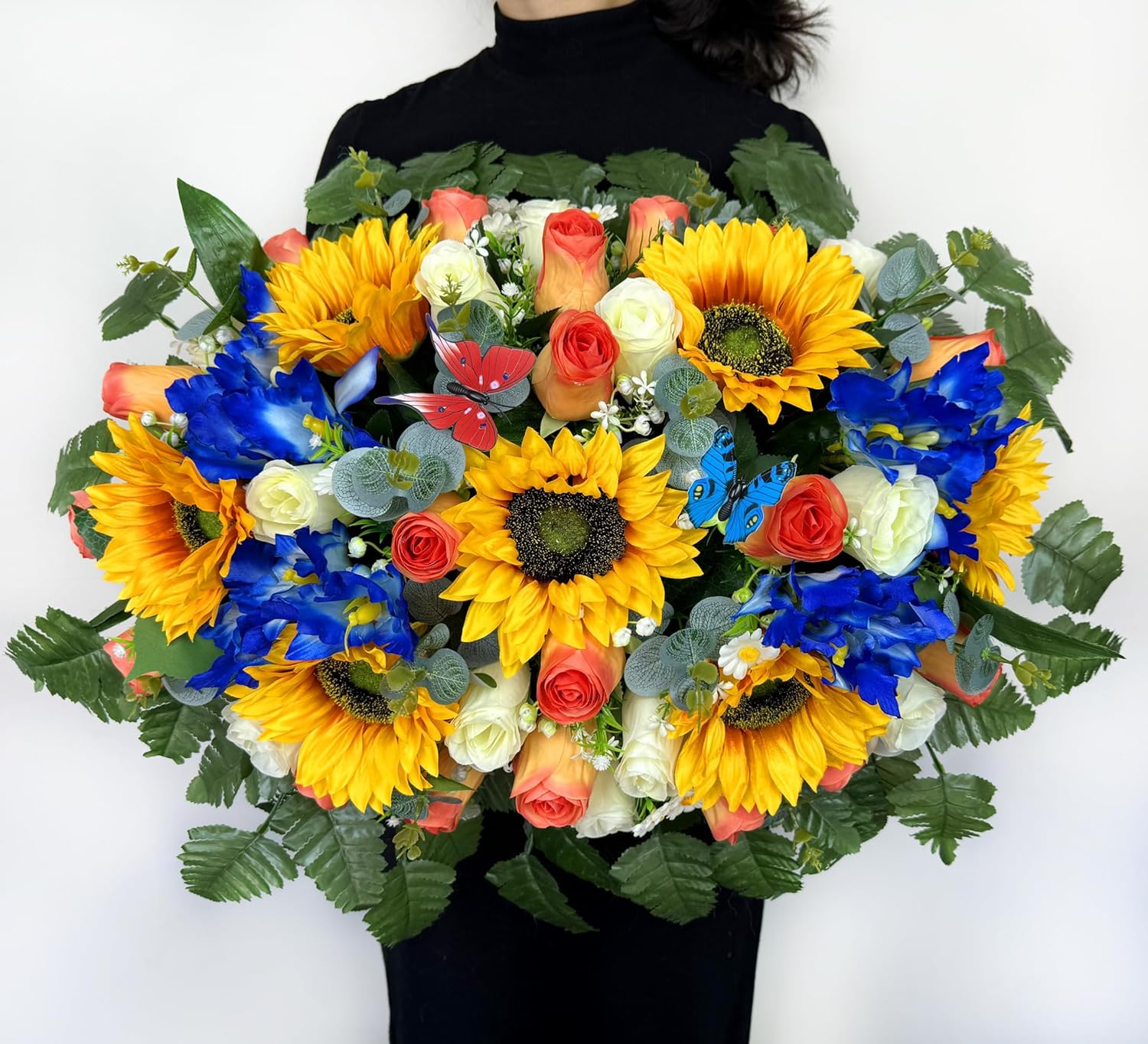 Naramiji Artificial Cemetery Flowers for Grave Decoration: Sympathy & Memorial Bouquets with Headstone Saddle – Sunflower, Rose, Cattleya – Fade-Resistant