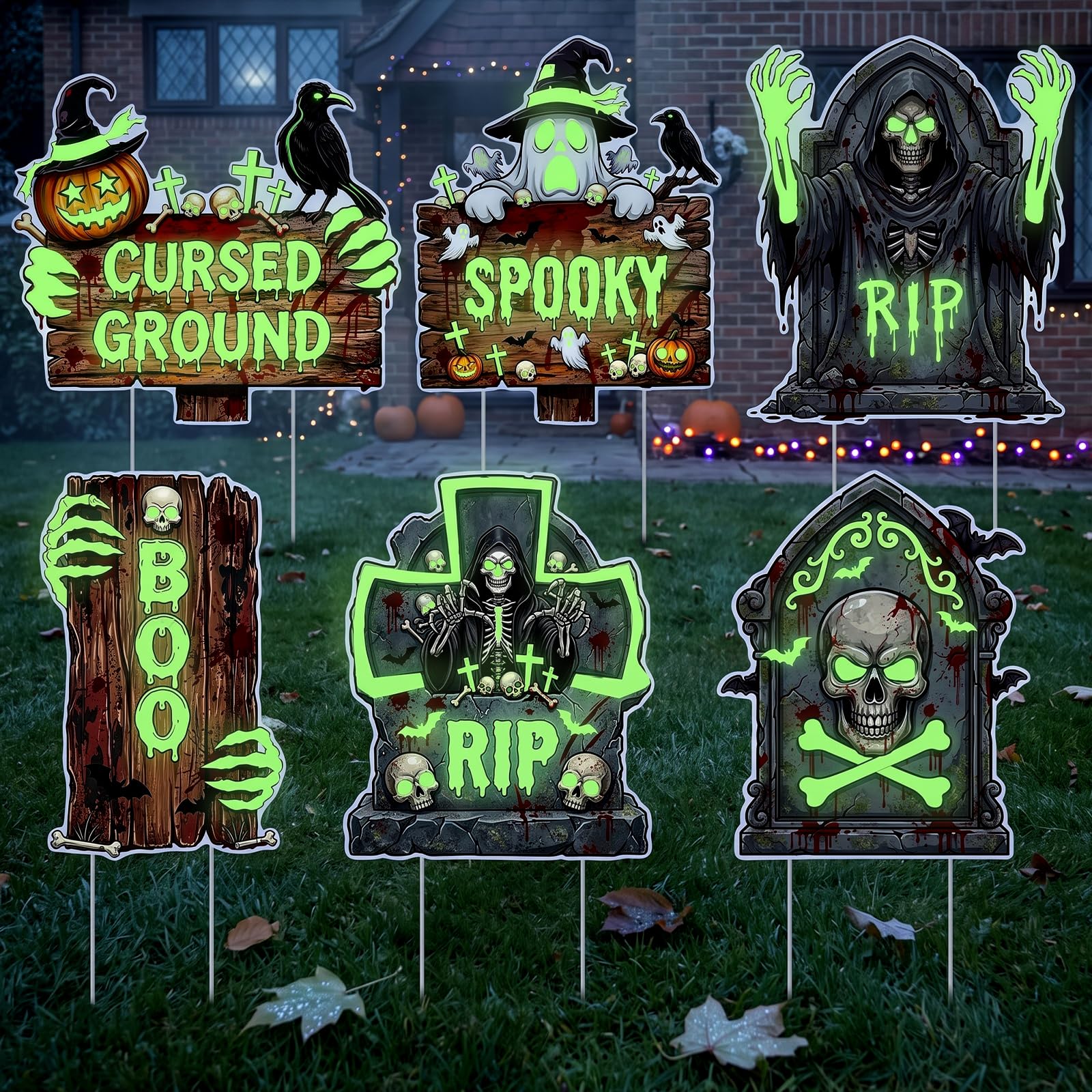 6PCS Fluorescent Halloween Yard Signs Decorations with Stakes for Garden