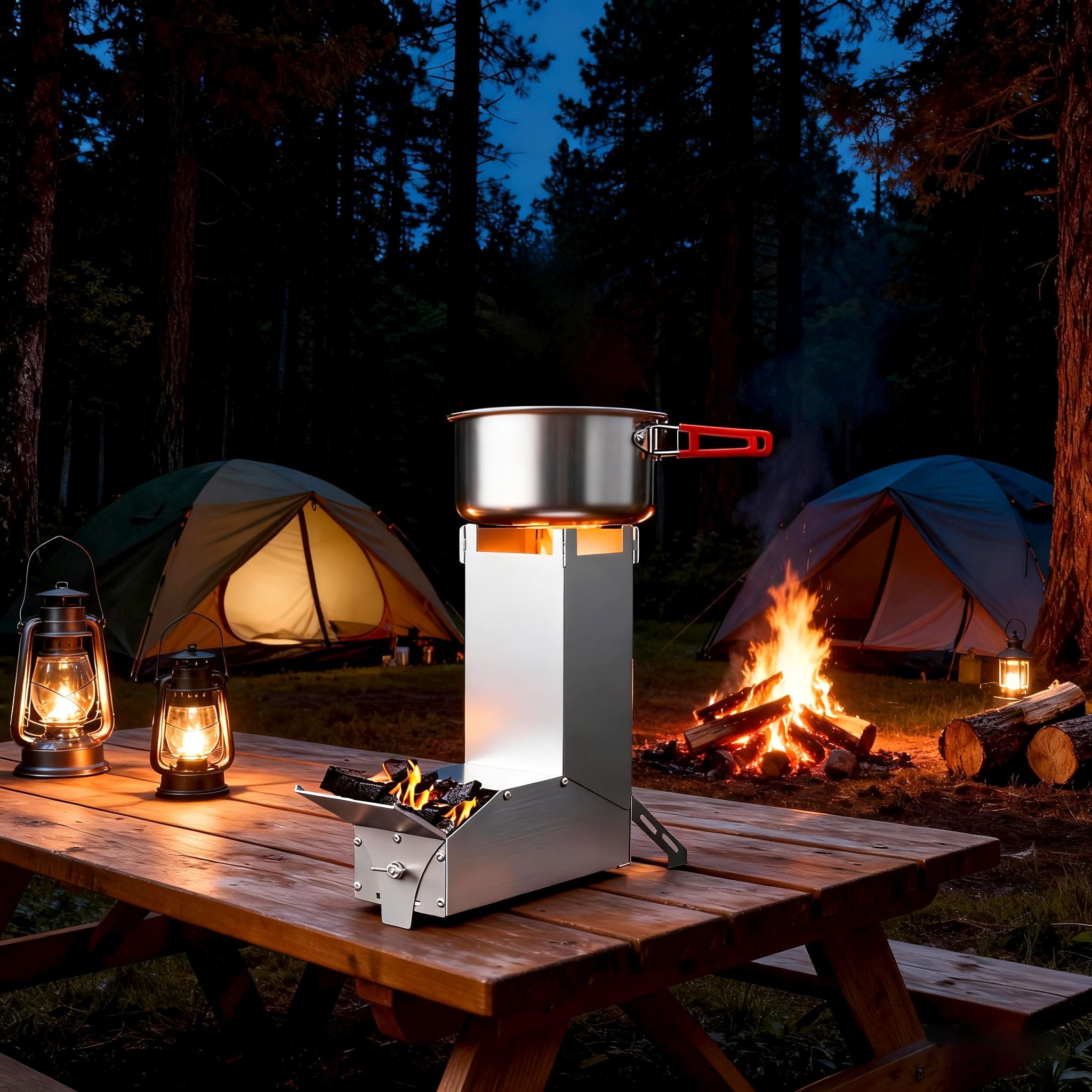 UISEBRT Poêle à fusée en acier épais, système d'emboîtement portable Rocket Stove, poêle à bois, réchaud de camping, poêle à granulés, pour l'extérieur, pour barbecue, terrasse, randonnée, cuisine