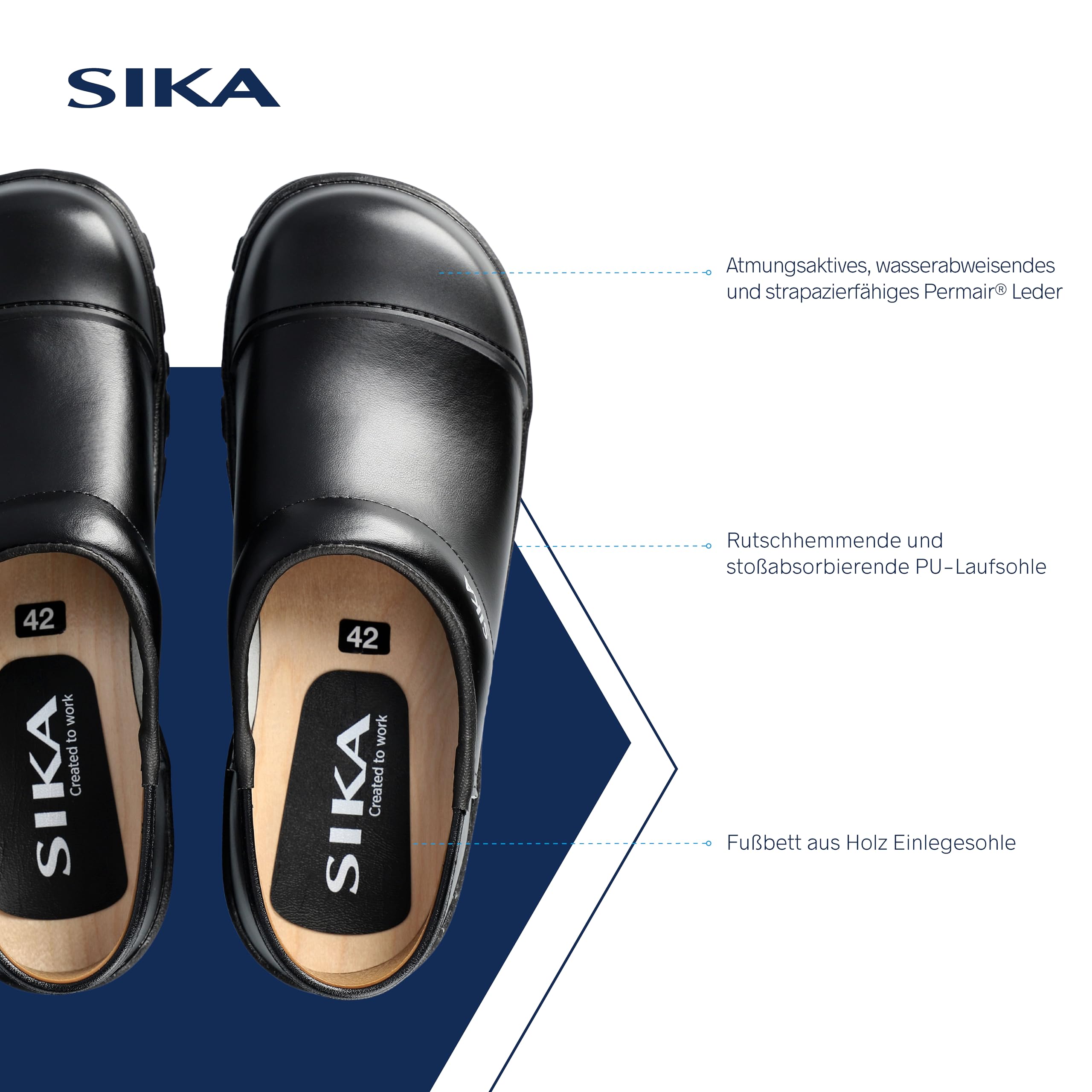 SIKA Unisex-Komfortclog mit ProNose, breitem Holzfußbett, rutschfesten medizinischen Clogs,Permair-Leder,stoßdämpfendenSicherheits-Arbeitsclogs für die Lebensmittel-,Reinigungs-&Dienstleistungsbranche