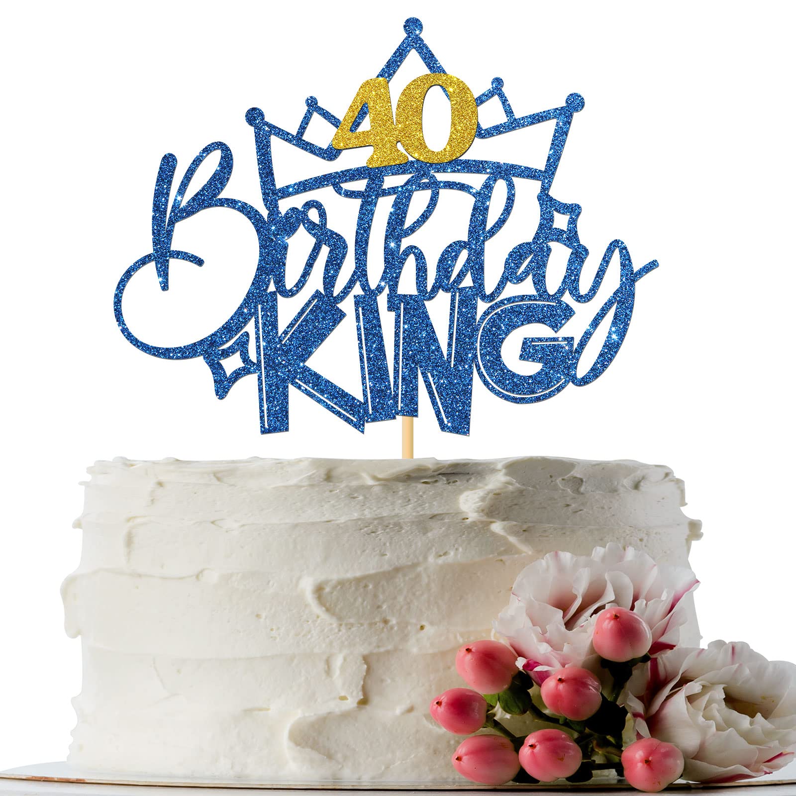 INNORU King Birthday 40 Cake Topper - Boys Men 40th Birthday Party Decor - Happy 40th Birthday Party Cake Decorations Supplies, Navy Blue Glitter