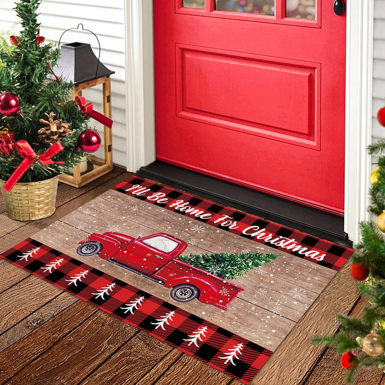 Absorbent Floor Mats Doormat for Front Door, 31.5 x 20 Inch Door Mat Rug I'll Be Home for Christmas Red Truck with Xmas Tree Wood Grain Red Plaid Non Slip Entry Way Mats Kitchen/Bathroom Carpet