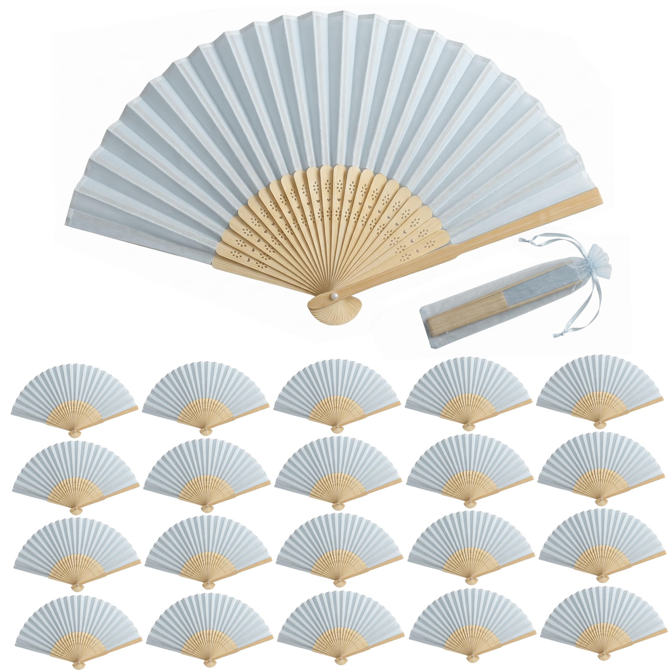 Bemonew Folding Fans Handheld 20 Pack Fans Bulk, Elegant Wedding for Guests Handheld Foldable Silk-Like with Bamboo Handles & Storage Bag for Wedding Light Blue