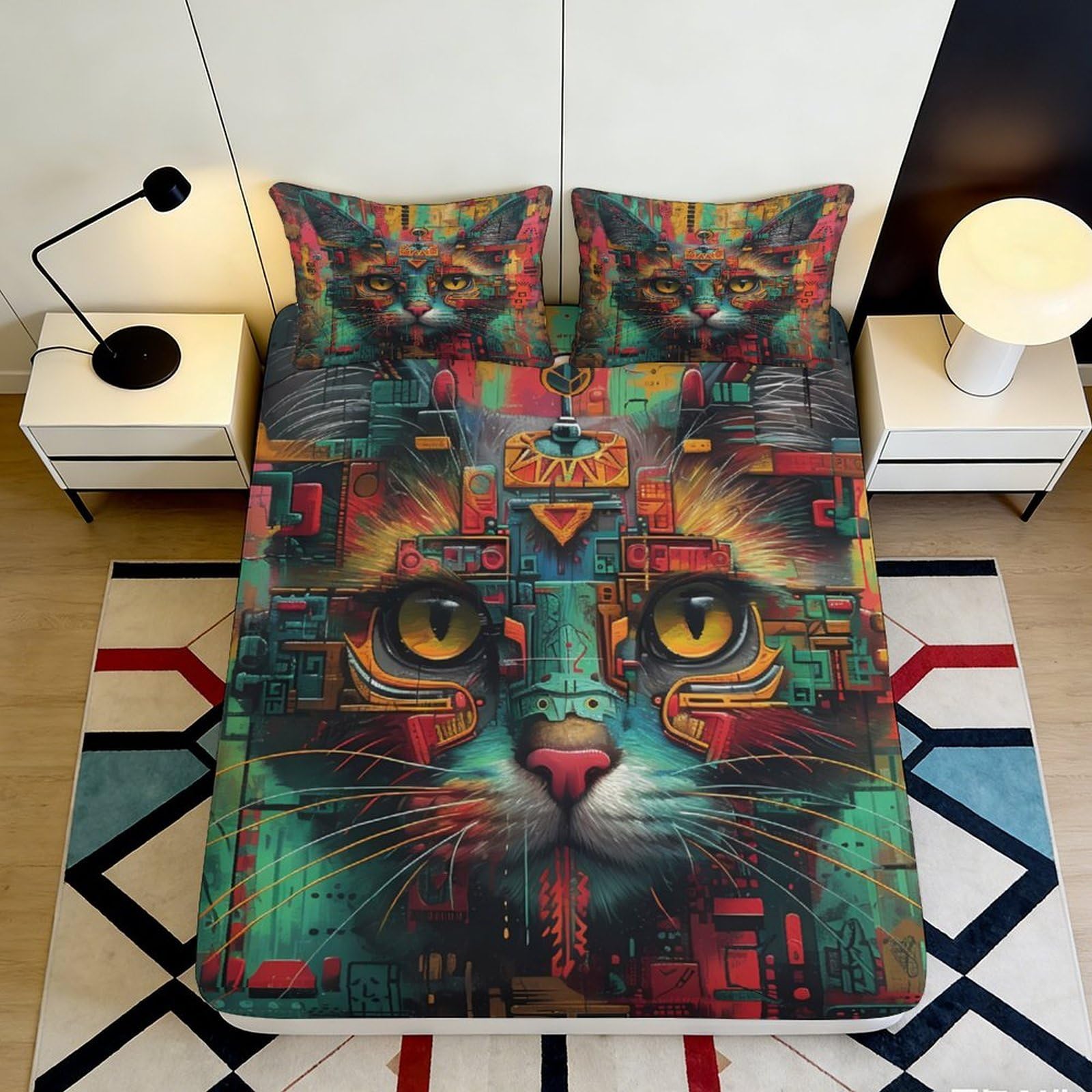 3D Printed Colorful Cat Face Fitted Sheet Microfiber Soft Bedroom Decor Artistic Animal Bed Cover for Home Dorm 90x200x25cm