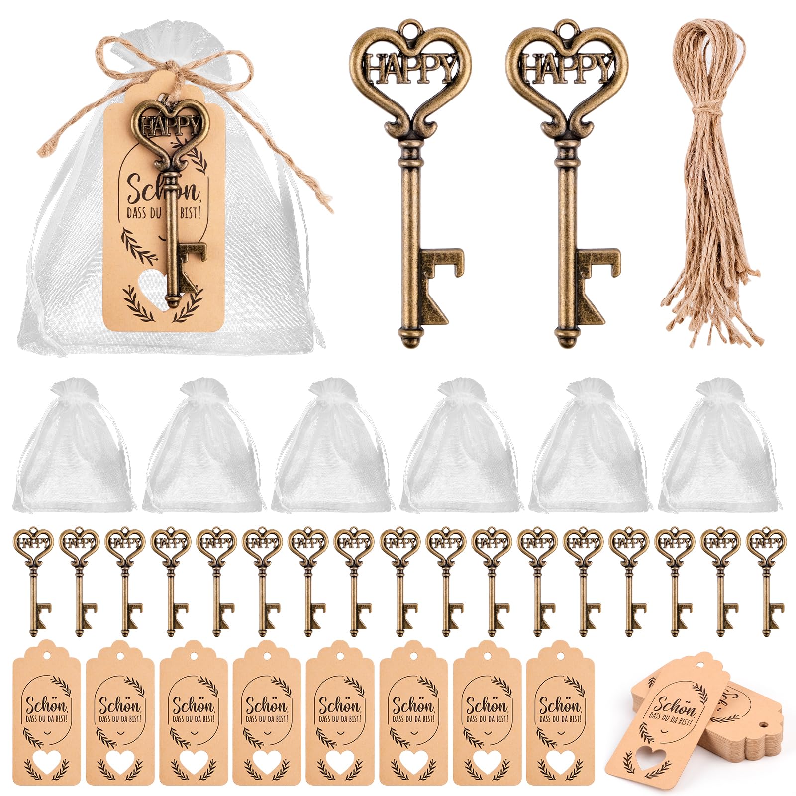 Lote de 30 PCS Clave Abrebotellas, Llave Vintage Abridor con Bolsa Transparente, Etiqueta de Regalo y Cuerda de Yute, Detalles Boda para Invitados, Decoración de Bolsas de Recuerdos de Boda-Ángel