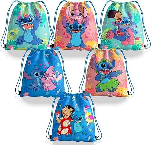 Nuwontun 12 bolsas de dulces de puntada con cordón, bolsas de regalo para niños, decoraciones de fiesta de cumpleaños Lilo & Stitch (10.6 x 13.3