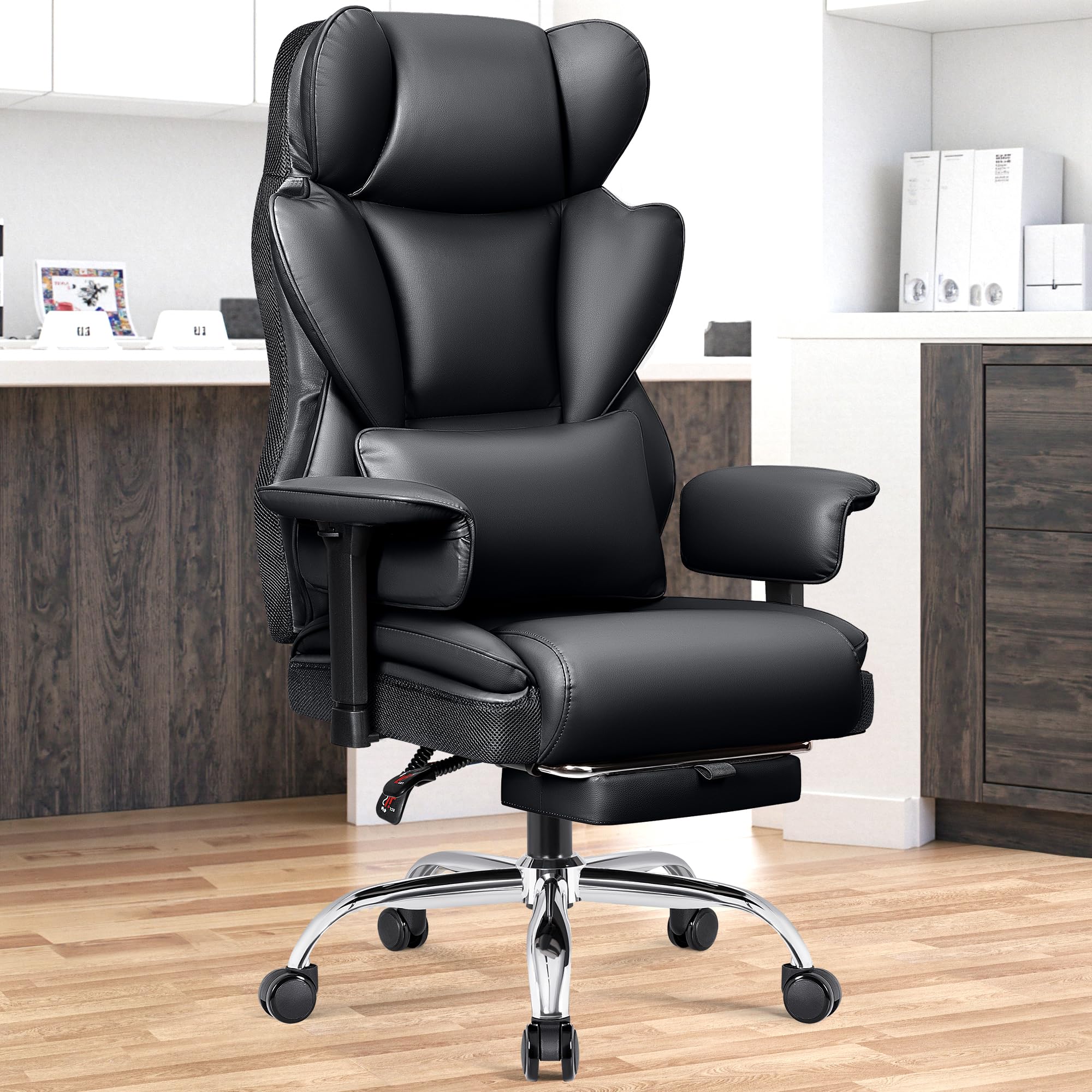 Chefsessel Breit, Ergonomisch Bürostuhl mit Fußstütze 165° verstellbare Rückenlehne Home Office Stuhl Kunstleder 150-200KG, Schwarz