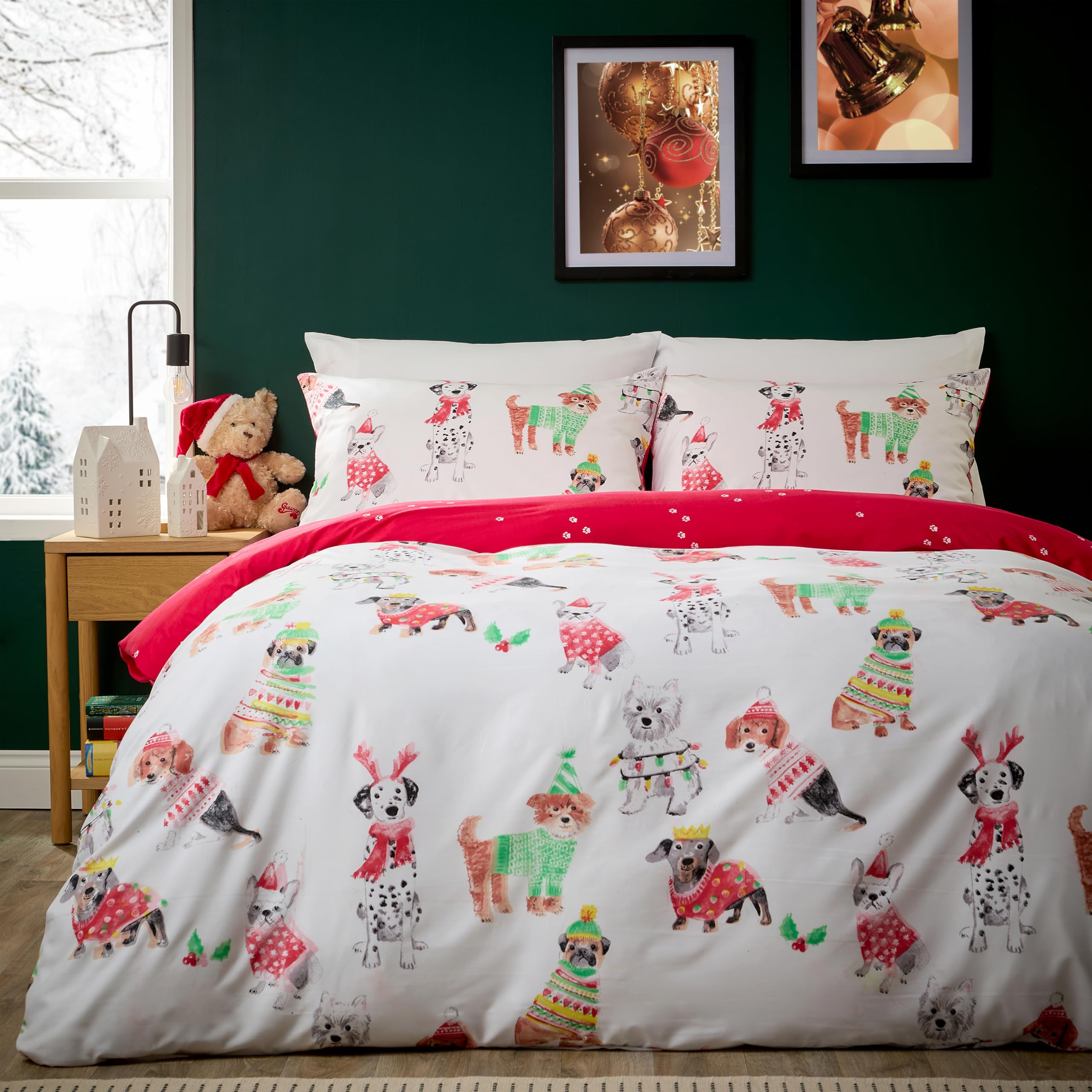 Olivia Rocco Christmas Duvet Cover Set Festive Bedding Quilt Cover Xmas with Pillowcases Reversible Design Easy Care Bed Linen Sets, Paw Party Red, King