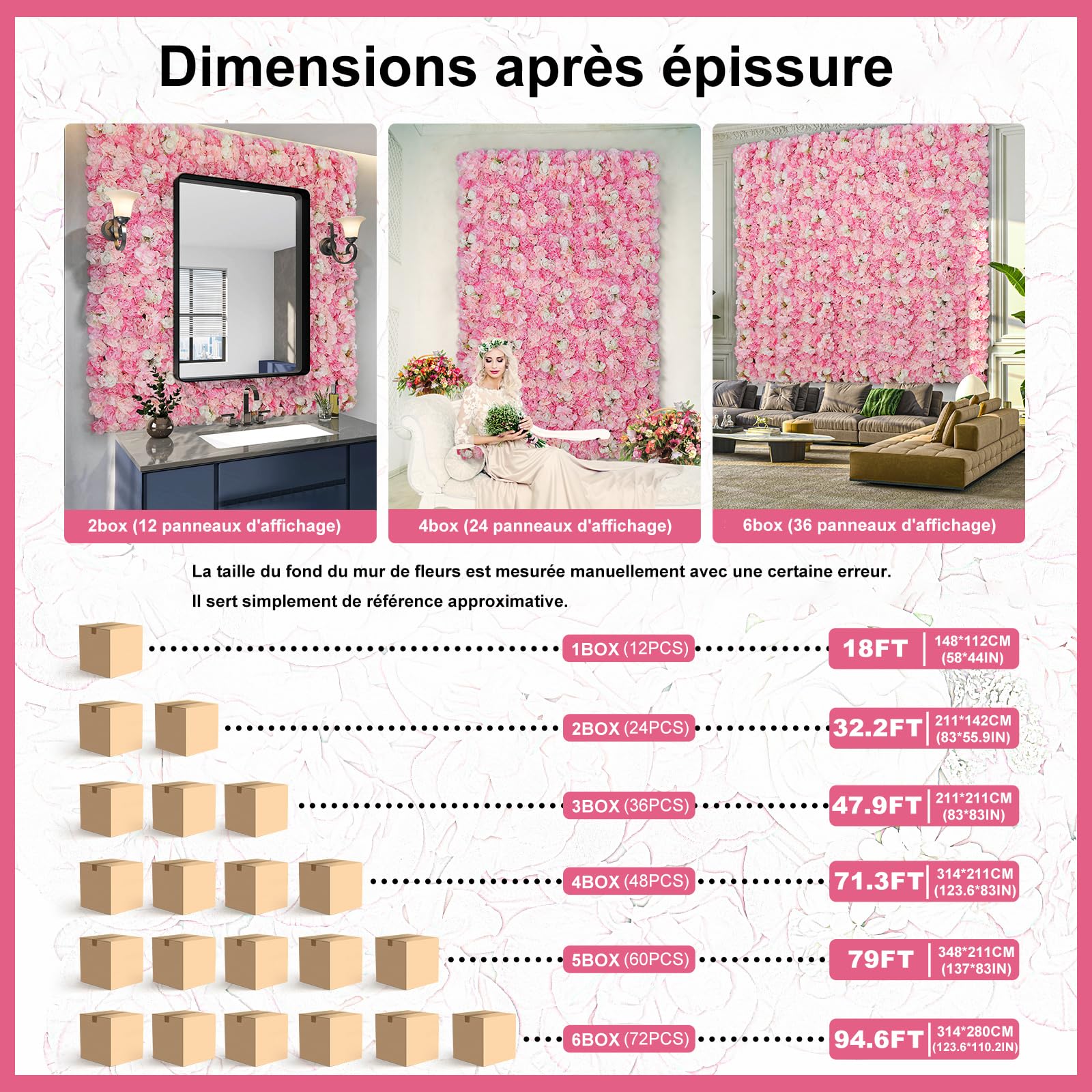 Fondo de Pared con Flores, 6 Unidades, 42 x 42 cm, Flores Artificiales, Seda 3D, Rosa, decoración de Pared para Bodas, escenarios, Fiestas, Fotos, Fondos, decoración del hogar (6, Rosa)