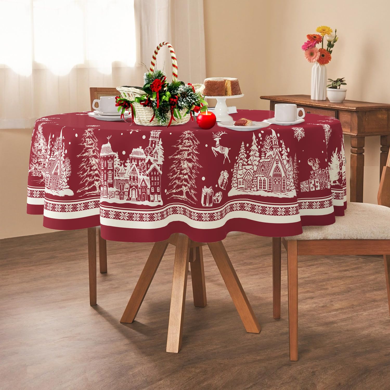 Round Christmas Tablecloth 60x60 Inch,Christmas Tree Elk Santa Snowflake Red Christmas Tablecloth,Polyester Waterproof Wrinkle Resistant Durable Table cloth for Holiday,Kitchen,Winter and Home Decor — image 1