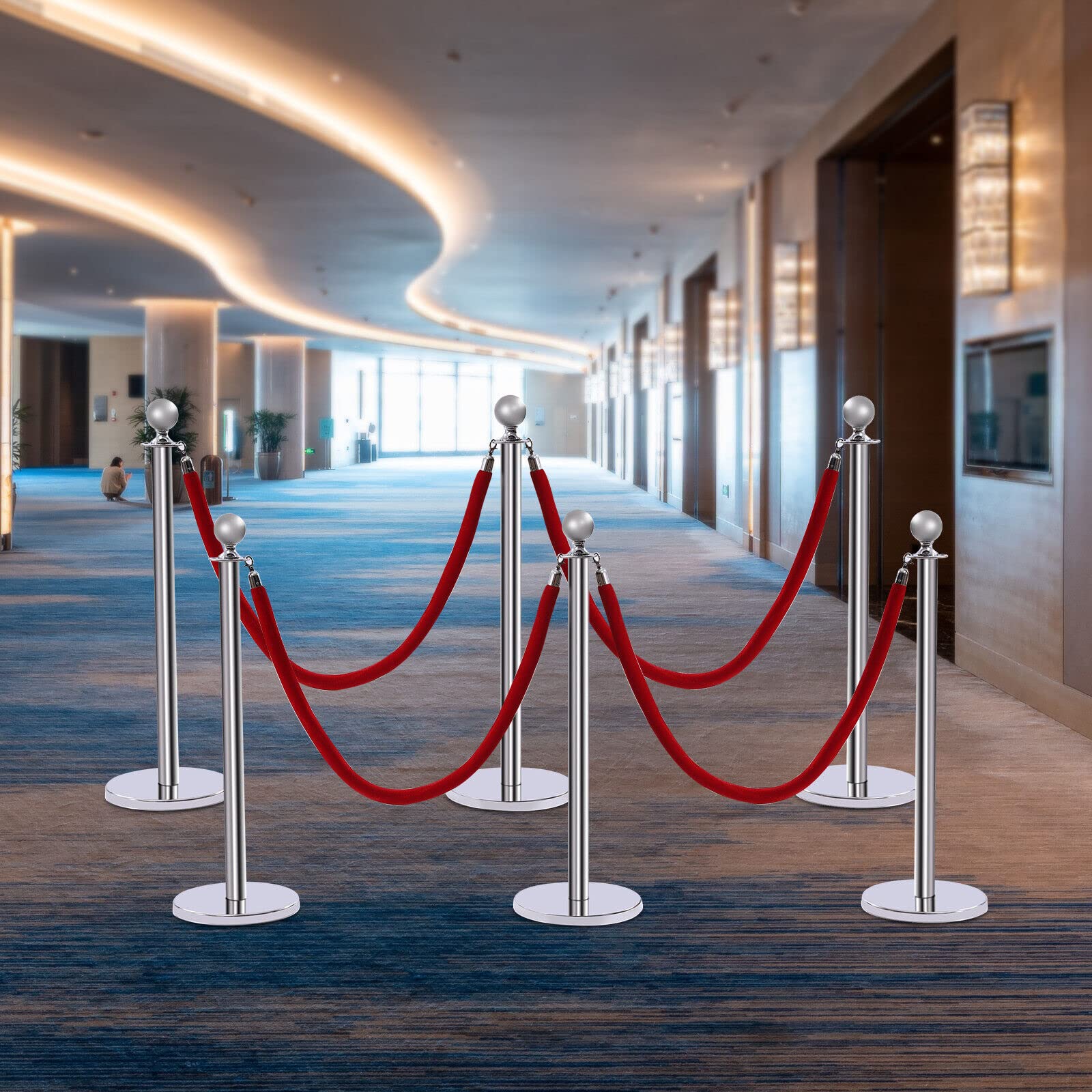 LyeXD 6PCS Crowd Control Stanchion Set, Stainless Steel Stanchion Posts Queue w/ 5ft Red Velvet Rope & Sturdy Metal Base, Silver Posts Set Crowd Control Barrier Queue Line for Airport, Theater, Hotel