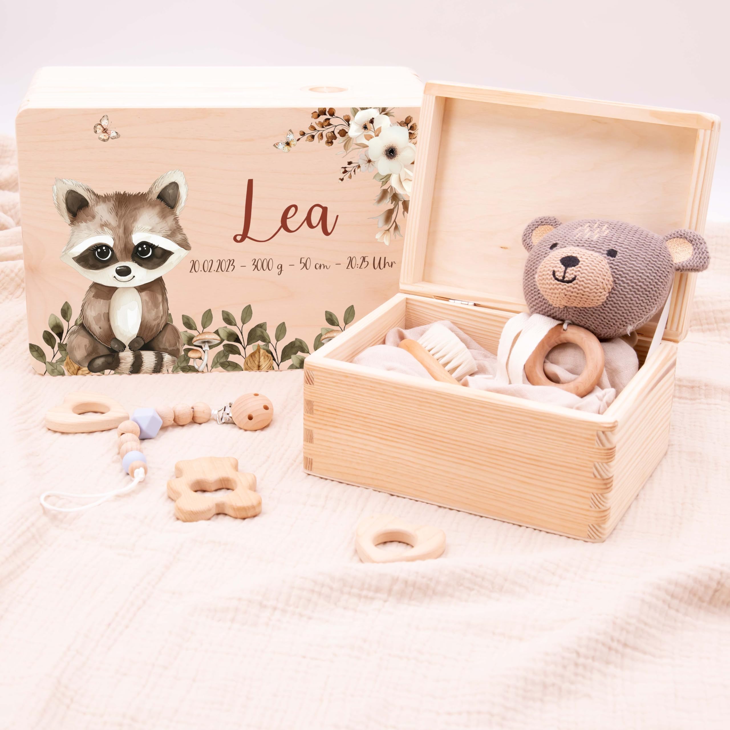 Erinnerungsbox Baby - Personalisierte Geschenke mit Namen | Holzkiste mit Deckel bedruckt mit Schadstofffreie Latextinte - Geschenke zur Geburt & Taufgeschenke für Mädchen & Jungen