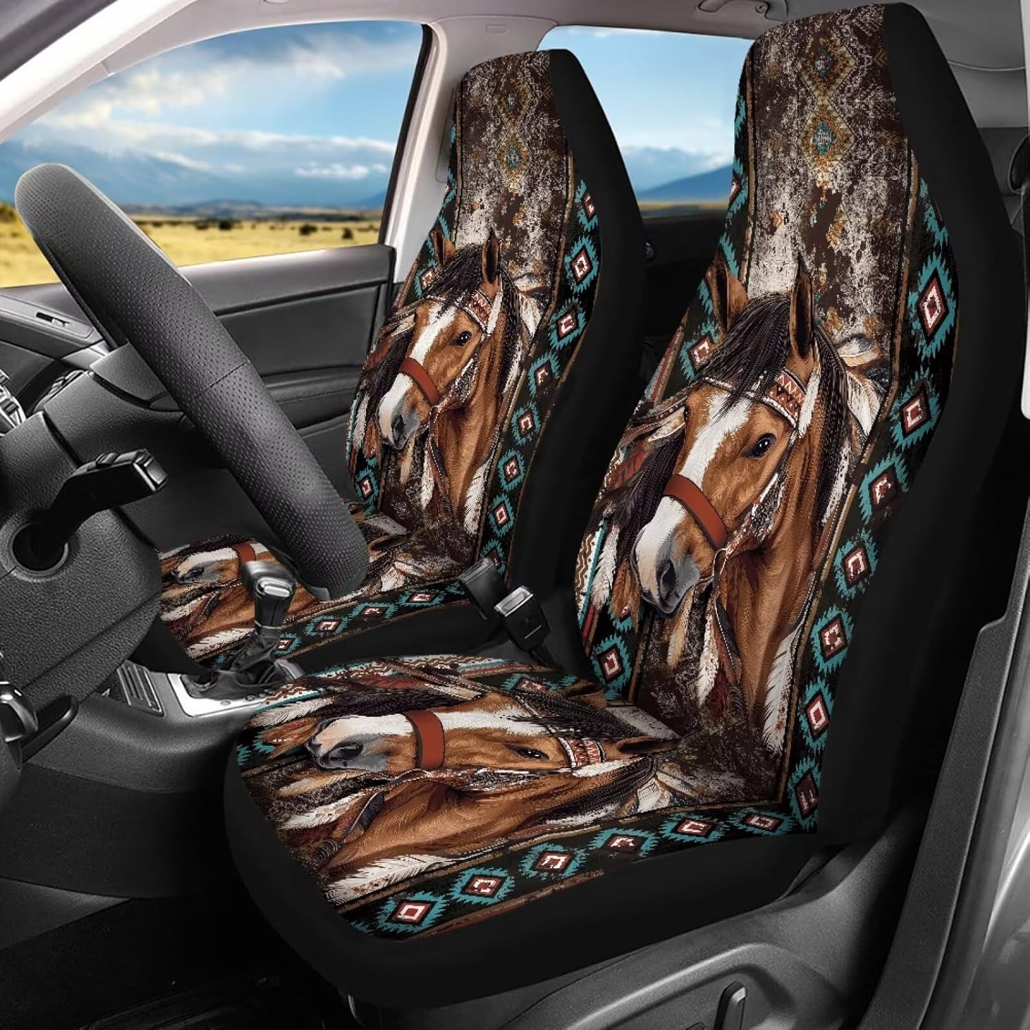 Aztec Tribal Geometric Horse Print Seat Covers for Auto, Easy to Clean Auto Front and Back Seat Protection Breathable Car Seat Covers Universal Fit for Car, Truck, SUV, Vans, Set of 4