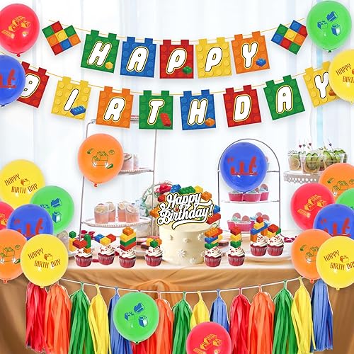 Miniatura 7 de PRATYUS Decoraciones de cumpleaños de bloques de construcción para niños, suministros de fiesta temática de ladrillo y bloque con pancarta,