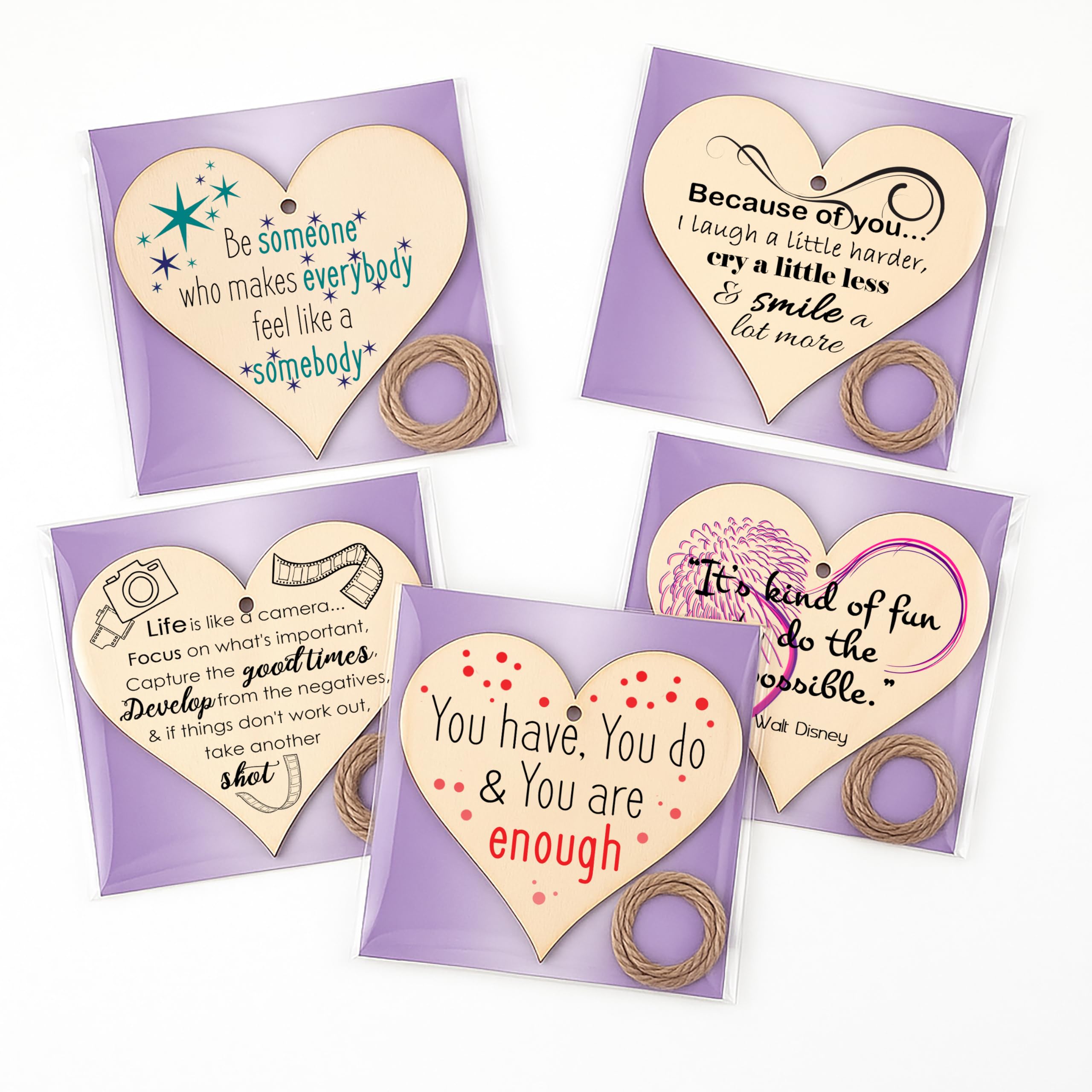 Gift In Can Pack Of 5 Mixed Designs Pack Of 5 Inspirational Wooden Heart Signs – X5 Set Of Hanging Home Decor With Uplifting Message – Great Gift For Her, Bedroom, Office, Or Hallway