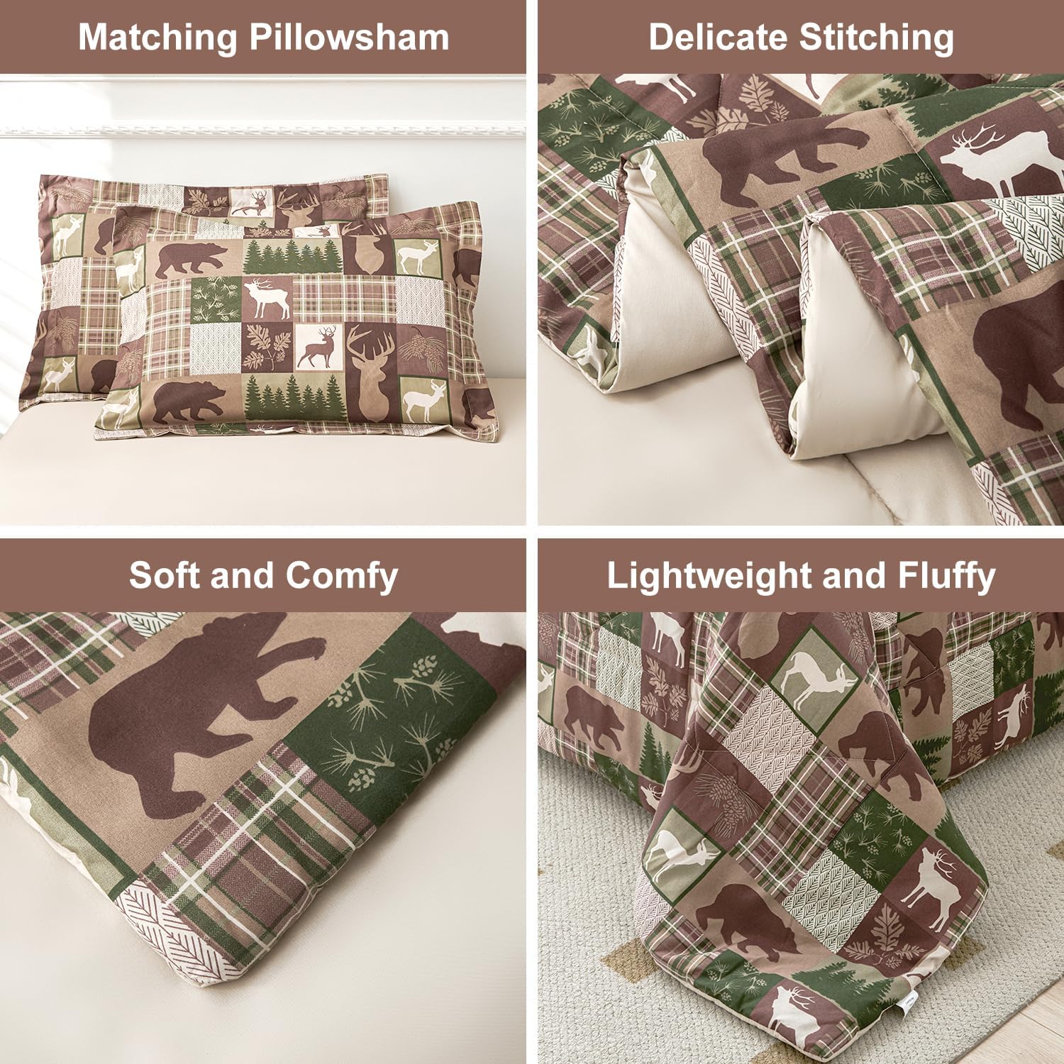 Comforter Set Queen Size Bear Moose Plaid Comforter Bedding-7 Piece Bed in a Bag,Soft Reversible Patchwork Microfiber Bedding Set (1 Comforter,1 Flat Sheet,1 Fitted Sheet,2 Pillowcases,2 Pillow Shams) - Image 6