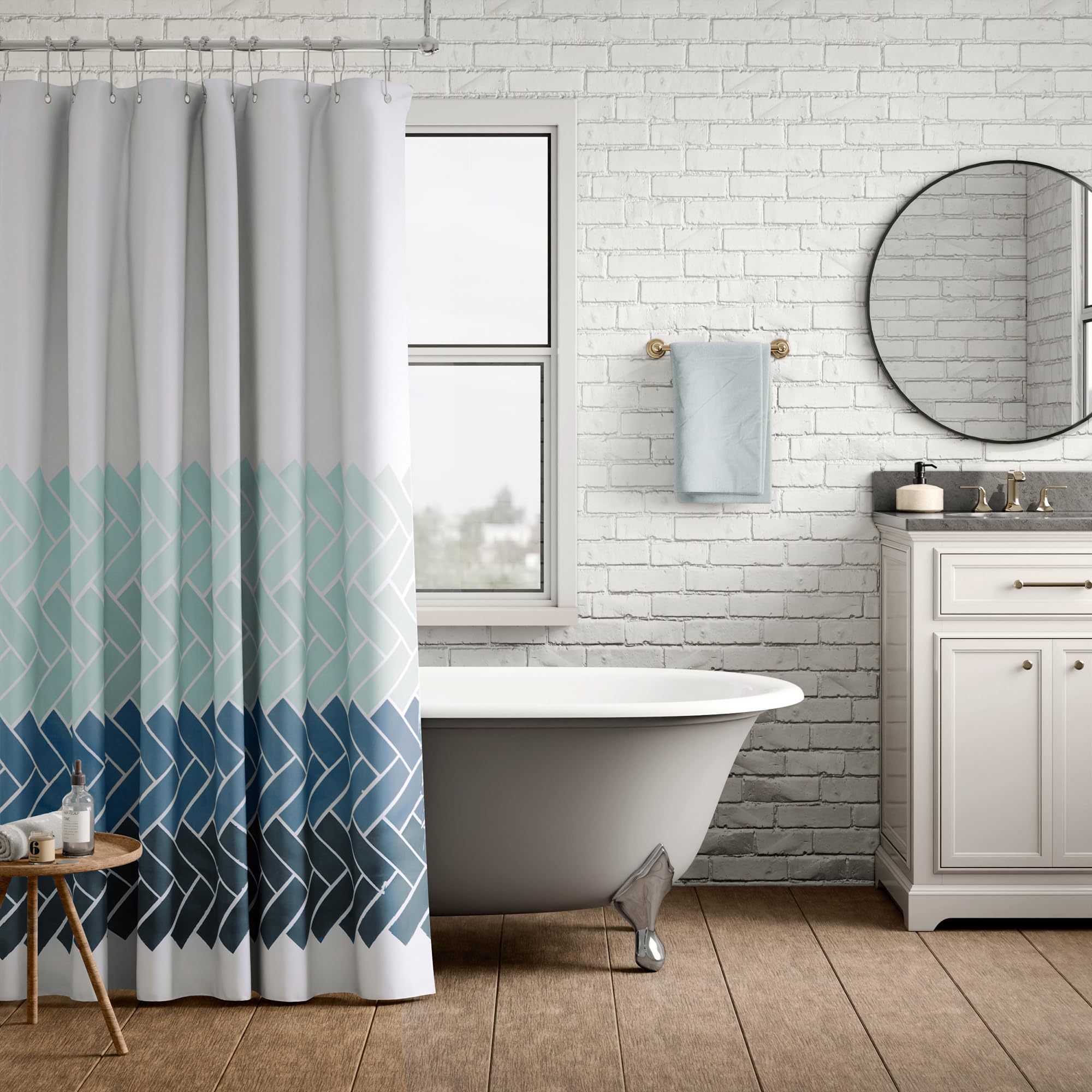 homewards Premium Bathroom Shower Curtain 6 ft with 12 Hooks | Mould Proof & Mildew Resistant Waterproof l Easy Installation| Quick-Drying Curtains| 180 cm x 180 cm (72x72 in) - Blue Geomtric Design