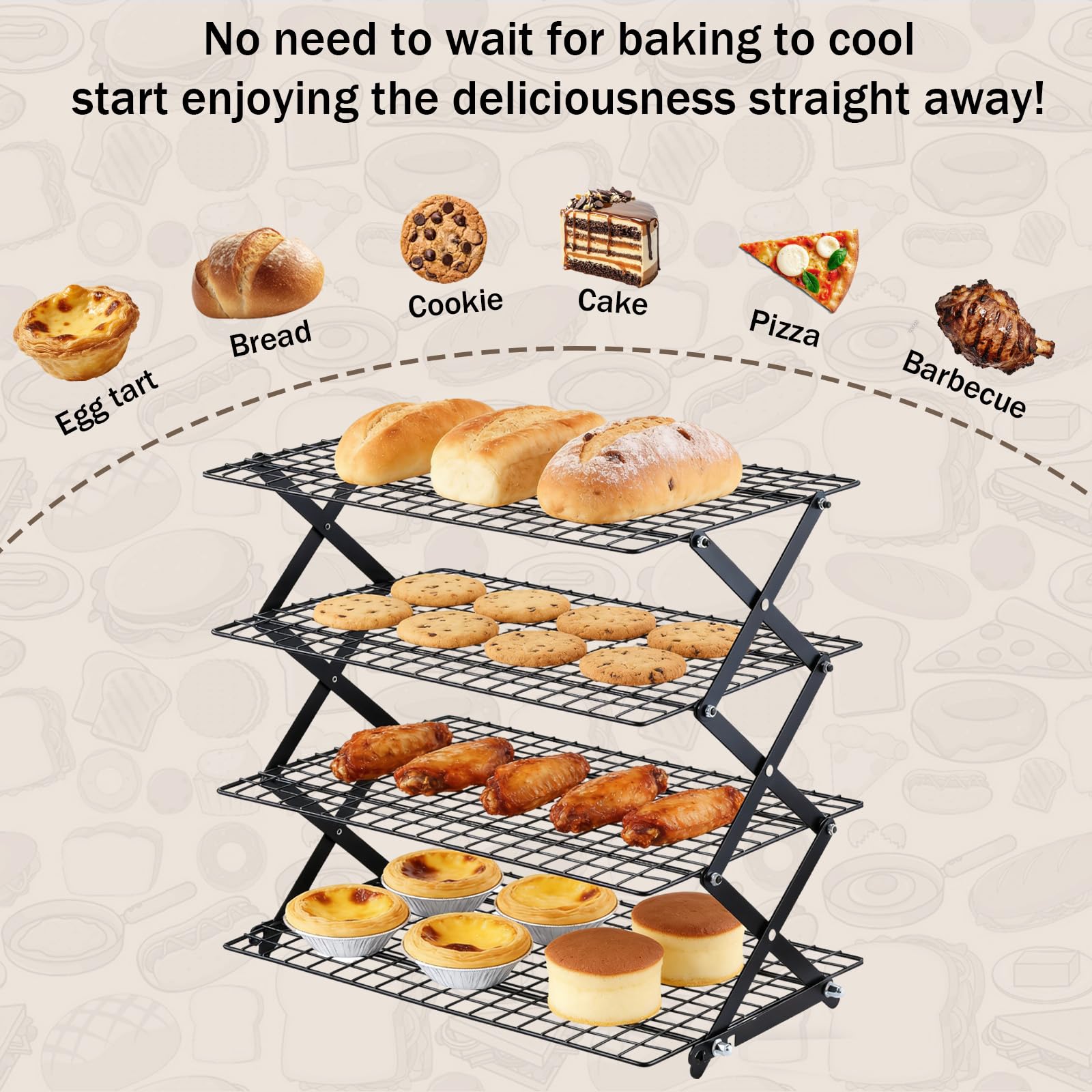 Grille de Refroidissement Pâtisserie 4 Niveaux Pliable, Hauteur Réglable, Four et Lave-Vaisselle Safe
