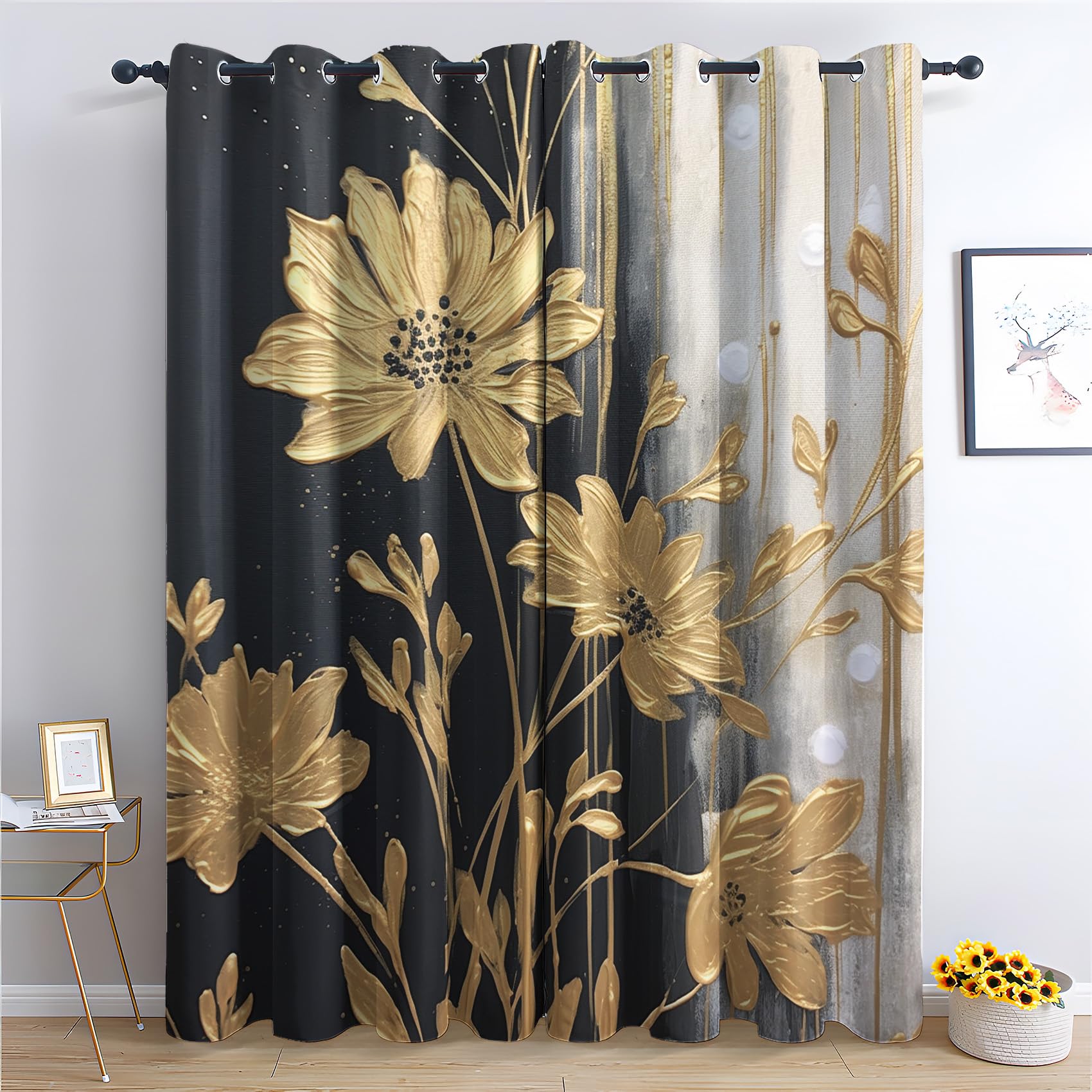 Zcwl Flower Curtains For Bedroom Living Room, Gray Black Gold Patterned Blackout Curtains, Thermal Insulated Eyelet Curtain, 72 Drop Window Treatments Drapes, 46X72 Inch (W X L), 2 Panels