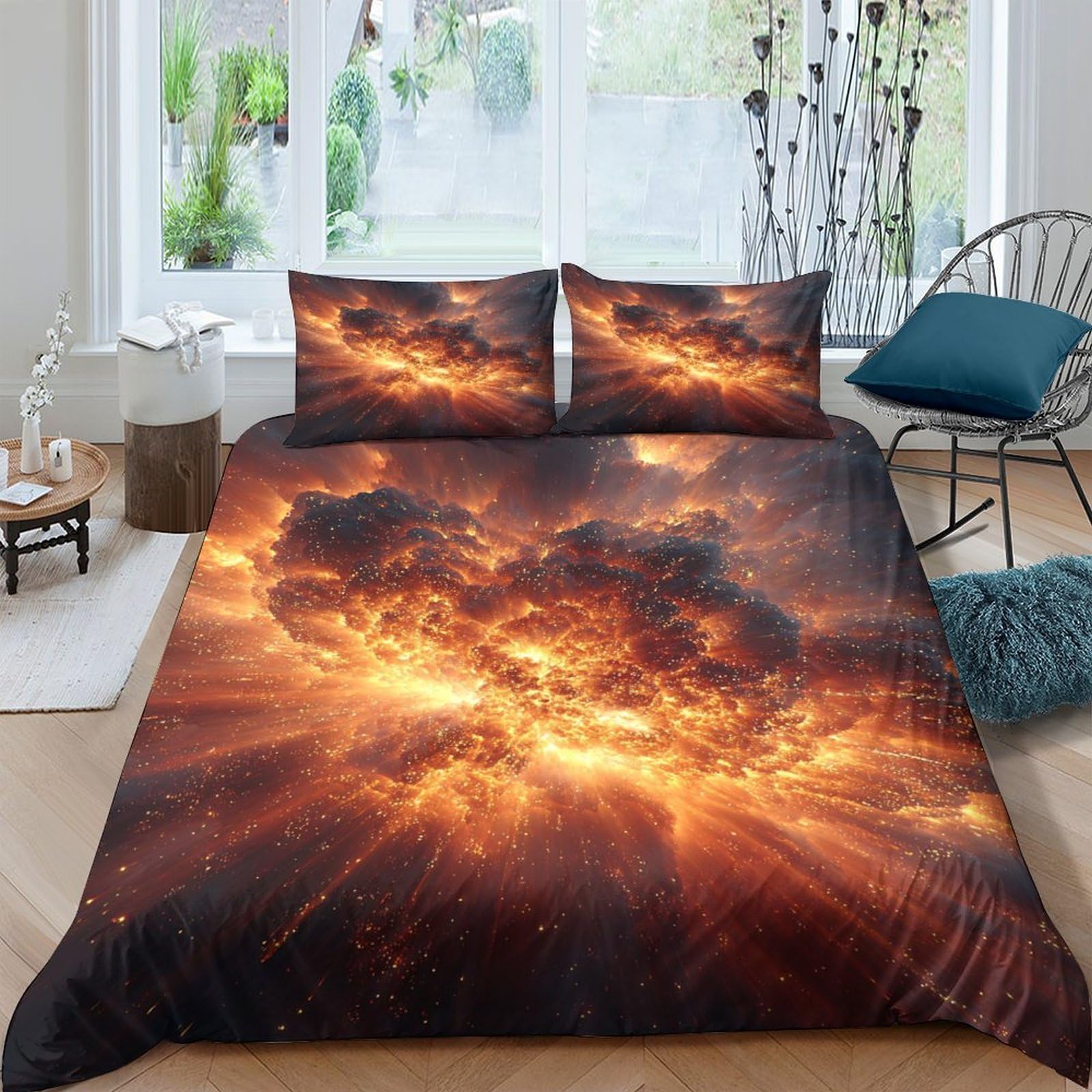 Ctjqhvkz Style-7 3D Printed Fiery Galaxy Fitted Sheet Microfiber Soft Orange Nebula Mattress Cover For Bedroom Dorm Decor Single（135X200cm）
