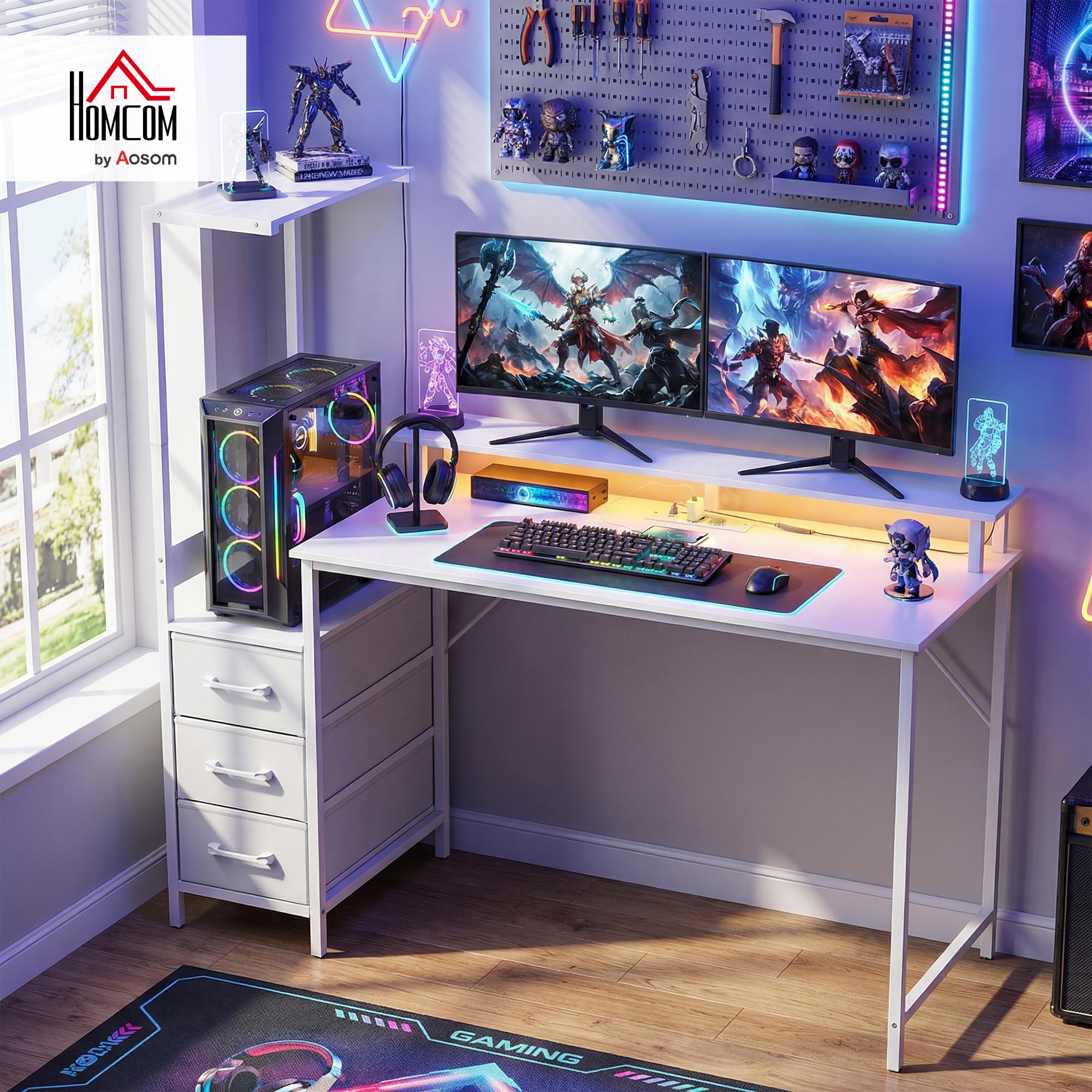 HOMCOM Scrivania Gaming con Supporto CPU Regolabile Reversibile e LED, 147x47cm Postazione Gaming con Stazione di Ricarica, Supporto per Monitor, 3 Cassetti in Tessuto, per Casa Ufficio Studio, Bianco