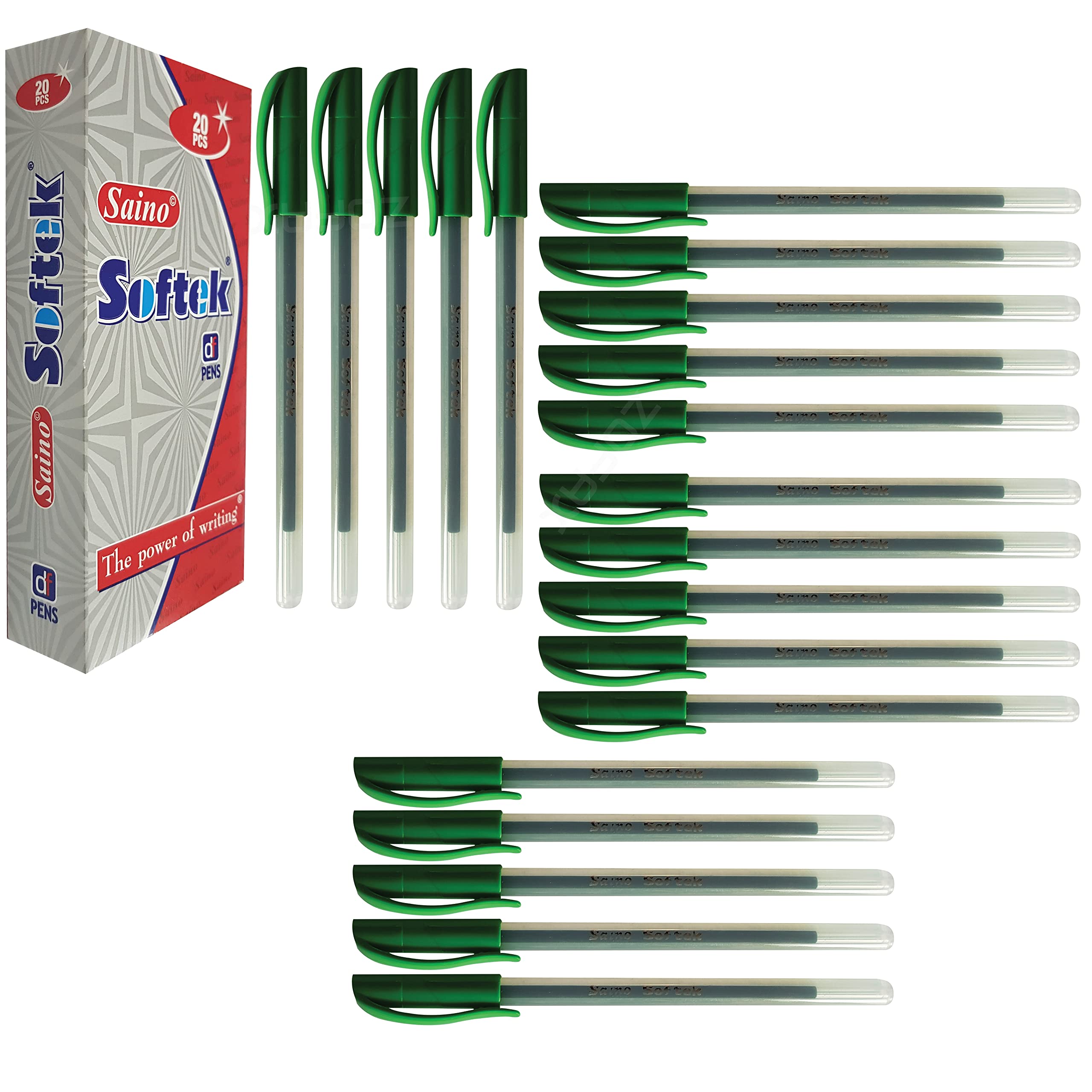 SAINO 20 x 0.7mm Fine Tip Softek GREEN Ballpoint Pens NON DRY GUARANTEE