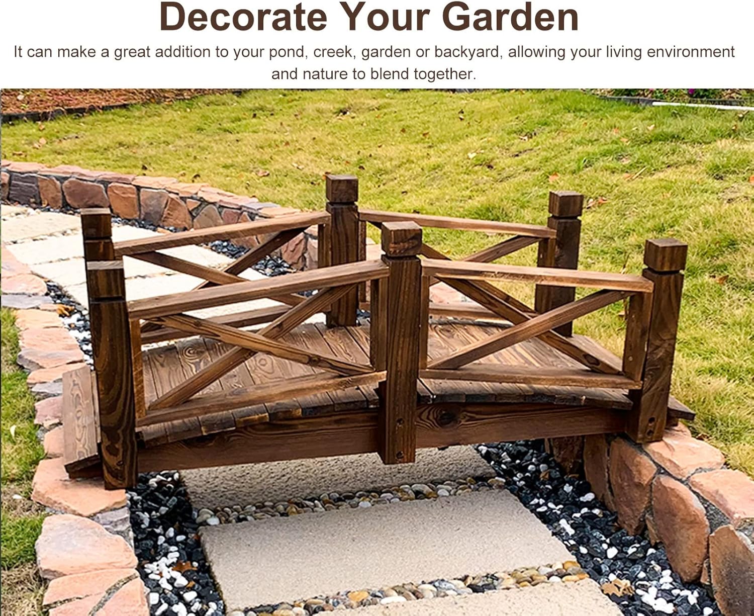 Backyard Wooden Bridge Carbonized Small Garden Bridges - Solid Wood Arch Pond Bridge with Safety Rails, Backyard Yard Park Decorative Pond Bridge, 140cm Long