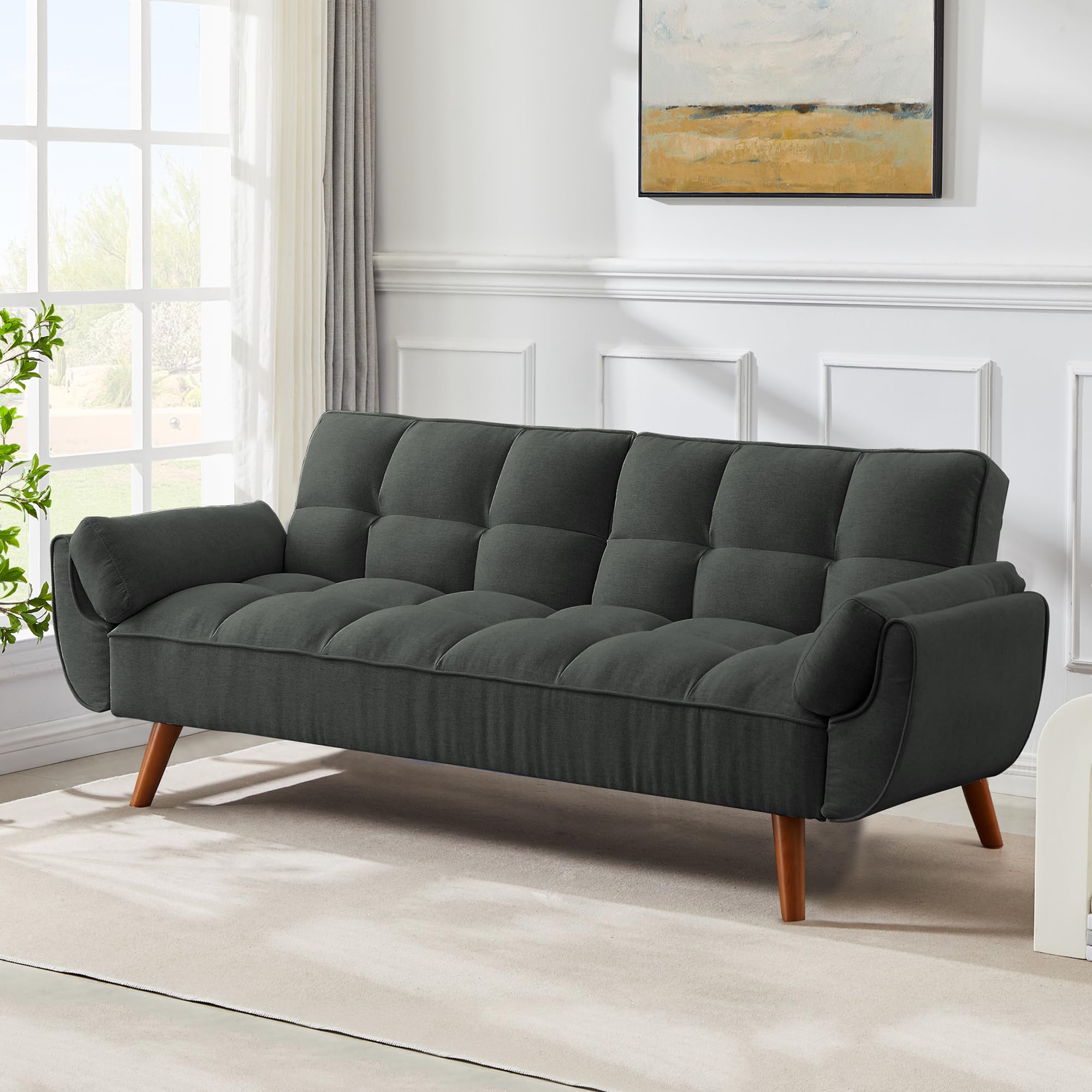 Futon Sofa Bed Modern Convertible Sleeper Sofa, 75” Linen Twin Size Futon Couch Comfy Recliner Sofa Couch with Adjustable Split Backrest for Living Room Small Spaces, Dark Grey
