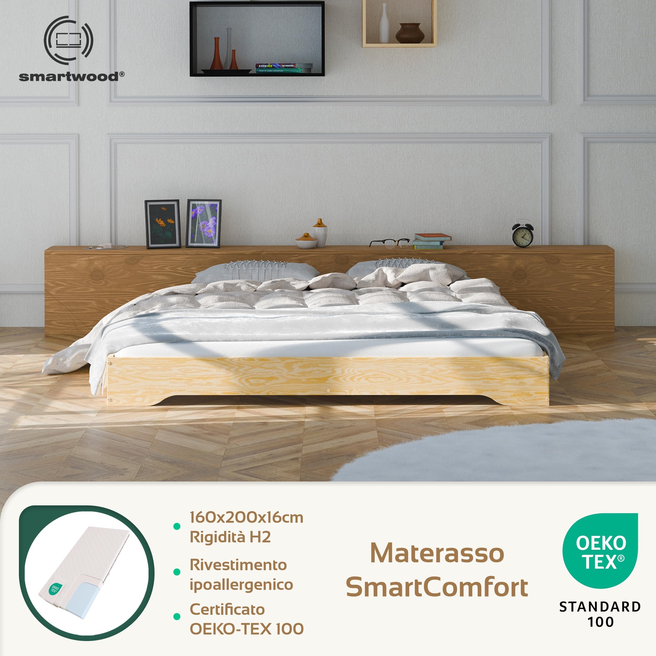 smartwood Struttura Letto Matrimoniale 160x200 cm con Rete e Materasso - Letto in legno di pino FSC portata fino a 300 kg - Giroletto Matrimoniale durevole per adulti TILA 7