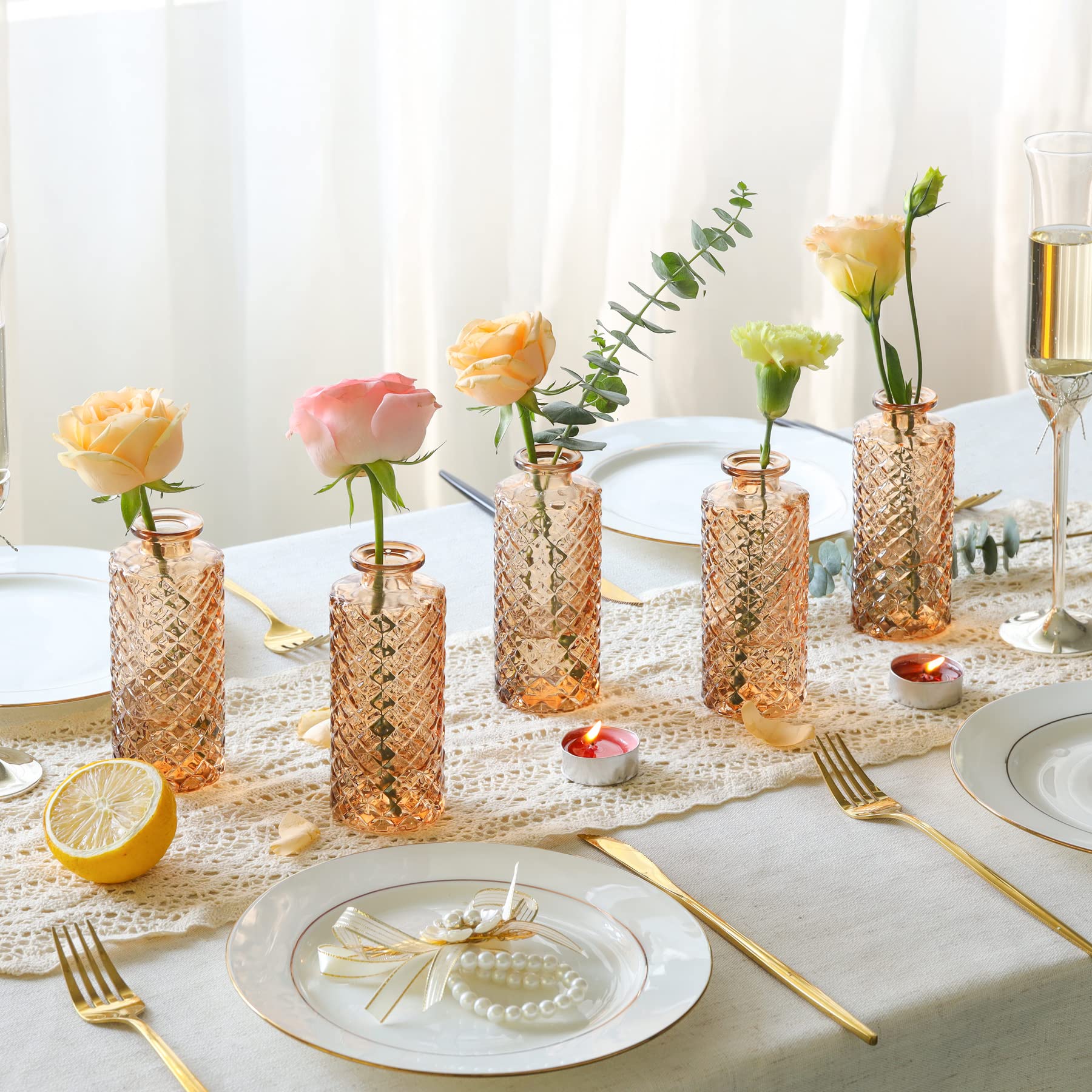ComSaf Glass Bud Vases Set of 6, Small Diamond Bud Vases in Bulk, Mini Flowers Vases for Centerpieces, Vintage Bottle for Table Decorations, Wedding Decor, Recepetion, Home, (Amber)