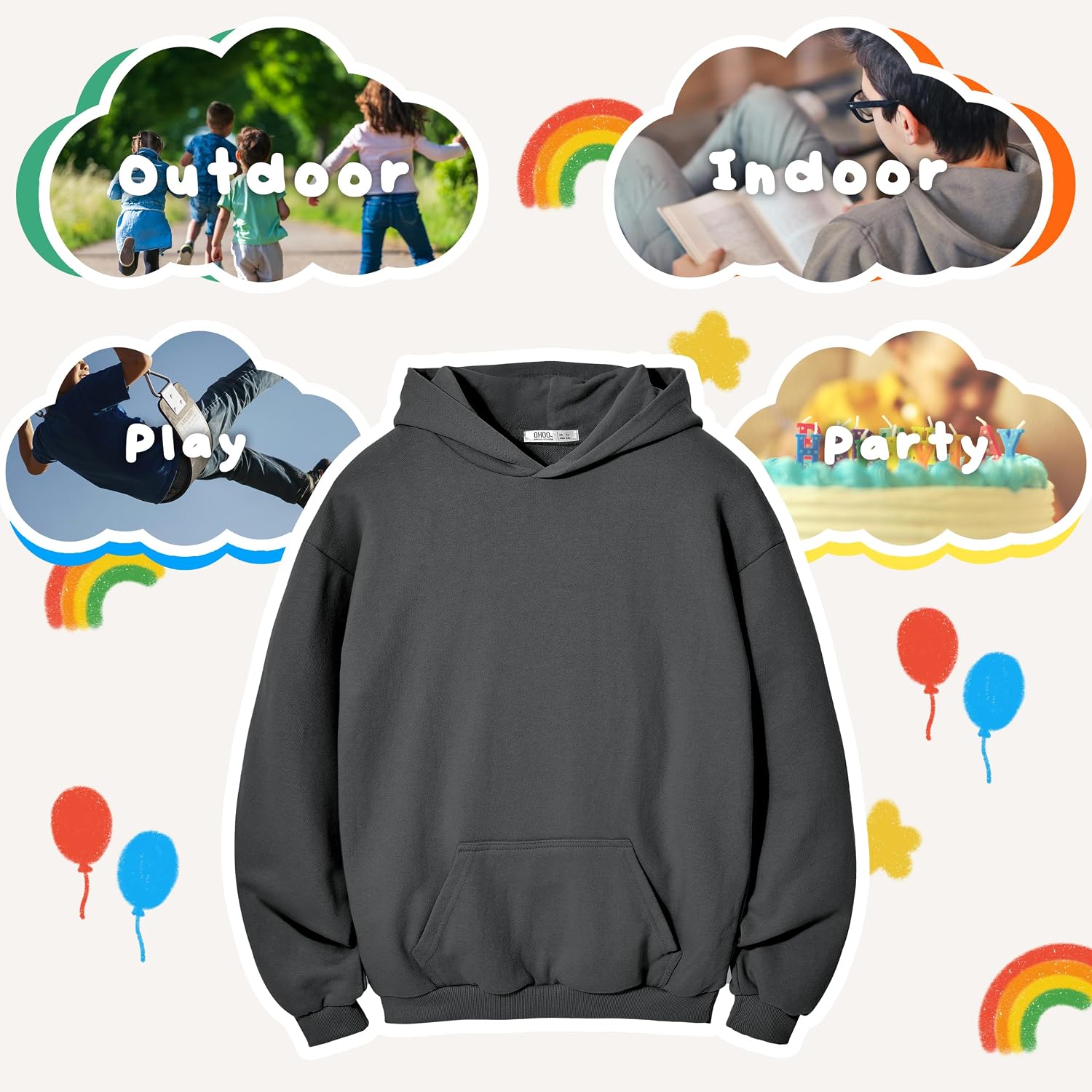 Ohoo Youth French Terry Pullover Hoodie - 100% Cotton Pre-Shrunk Soft Midweight Sweatshirt for Boys Girls