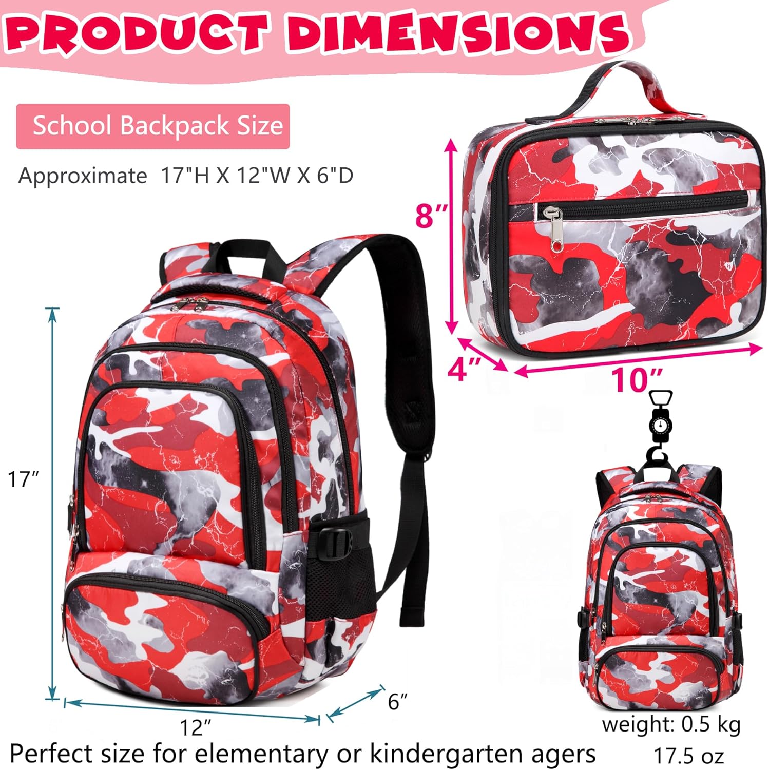 BLUEFAIRY Kids Backpack with Lunch Box for Boys Girls Elementary Middle School BookBags for Teens Childs Back to School Travel Gifts Large Campartments Padded Straps Sleeve Camo Red