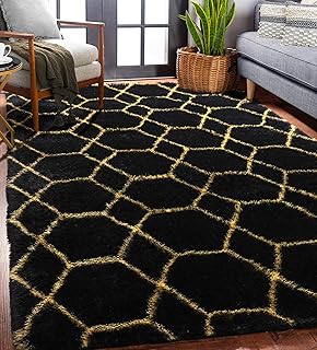 ONASAR Area Rugs for Bedroom Living Room, 4x6 Fluffy Black and Gold Thro...