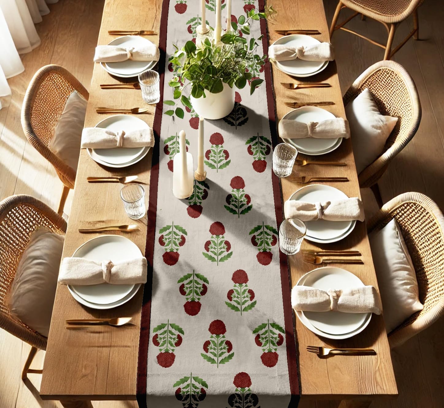 Floral Print Cotton Table Runner by Vargottam - Double Layer with Border - Washable Runner - Decorative Table Linen for Dining & Everyday Use
