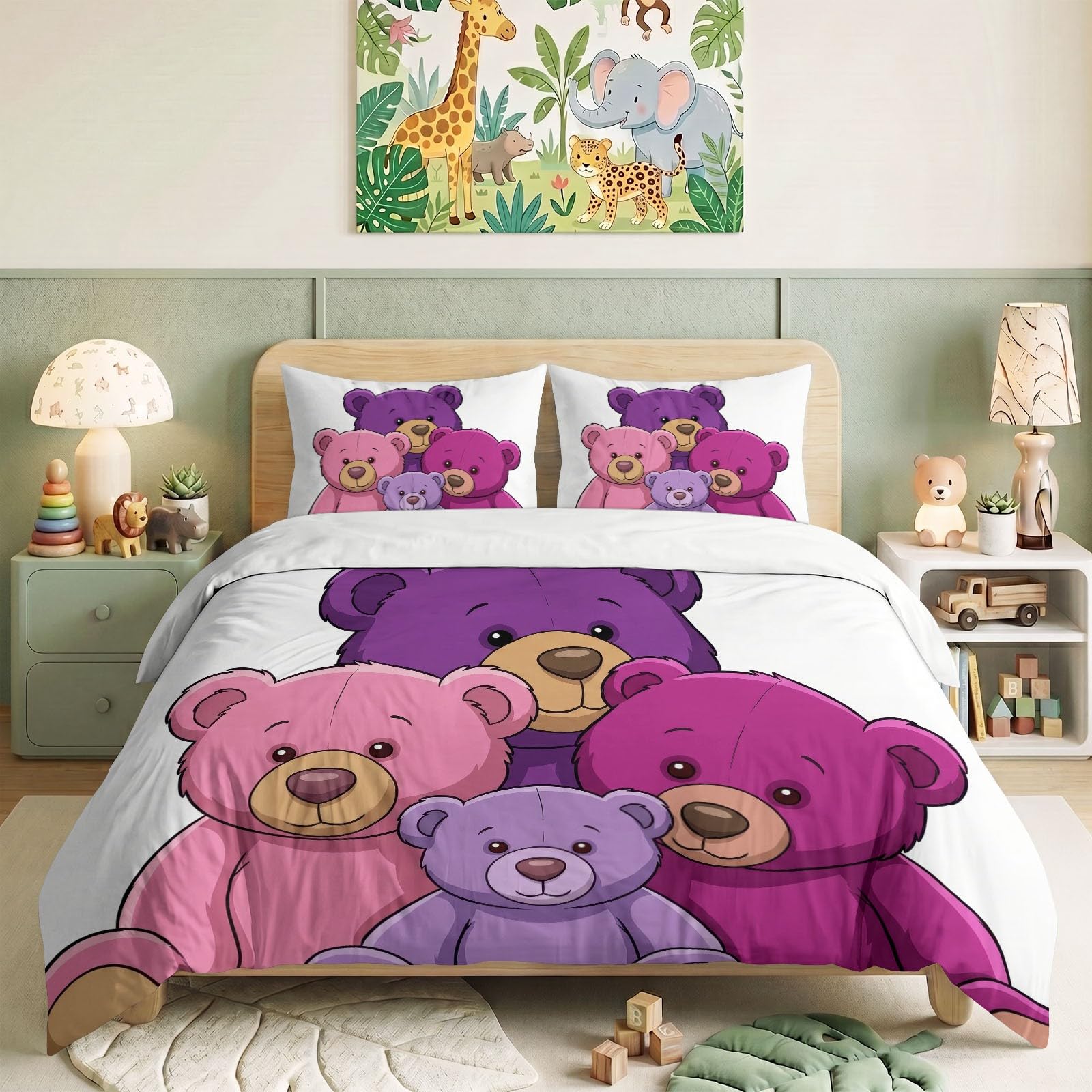 Generisch Bettwäsche Set 3-teilig 200 x 200 cm, Verträumt Aquarell Kinderbettwäsche Mikrofaser mit Reißverschluss - Bettbezug Handgezeichnet Teddybär für Jungen Mädchen Weiß Bettwaren