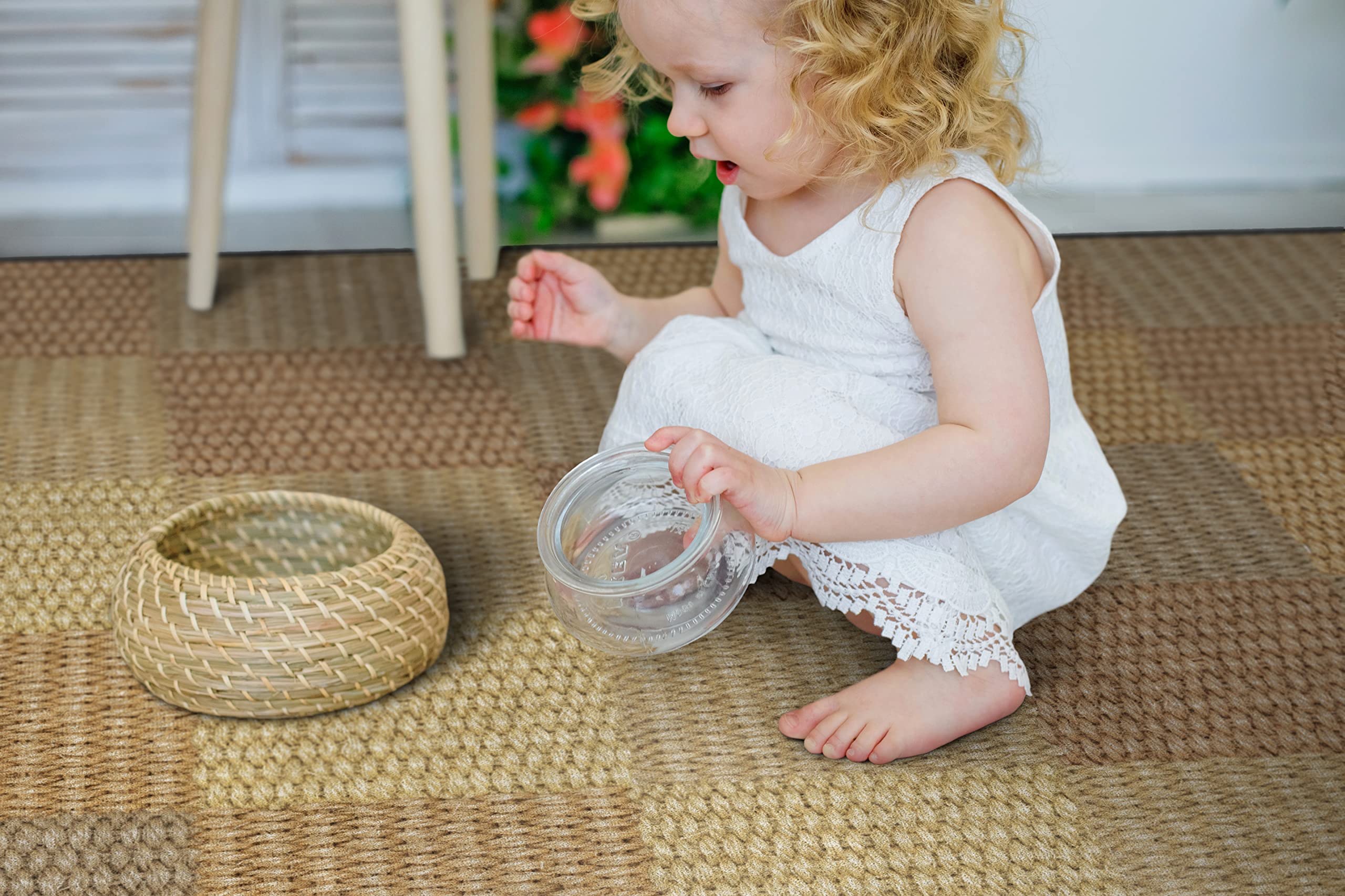 Flagship Carpets Basketweave Blocks Carpet Rug for Home or School Learning Area, Children's Classroom, Kid's Bedroom or Playroom, 6' x 8'4, Natural