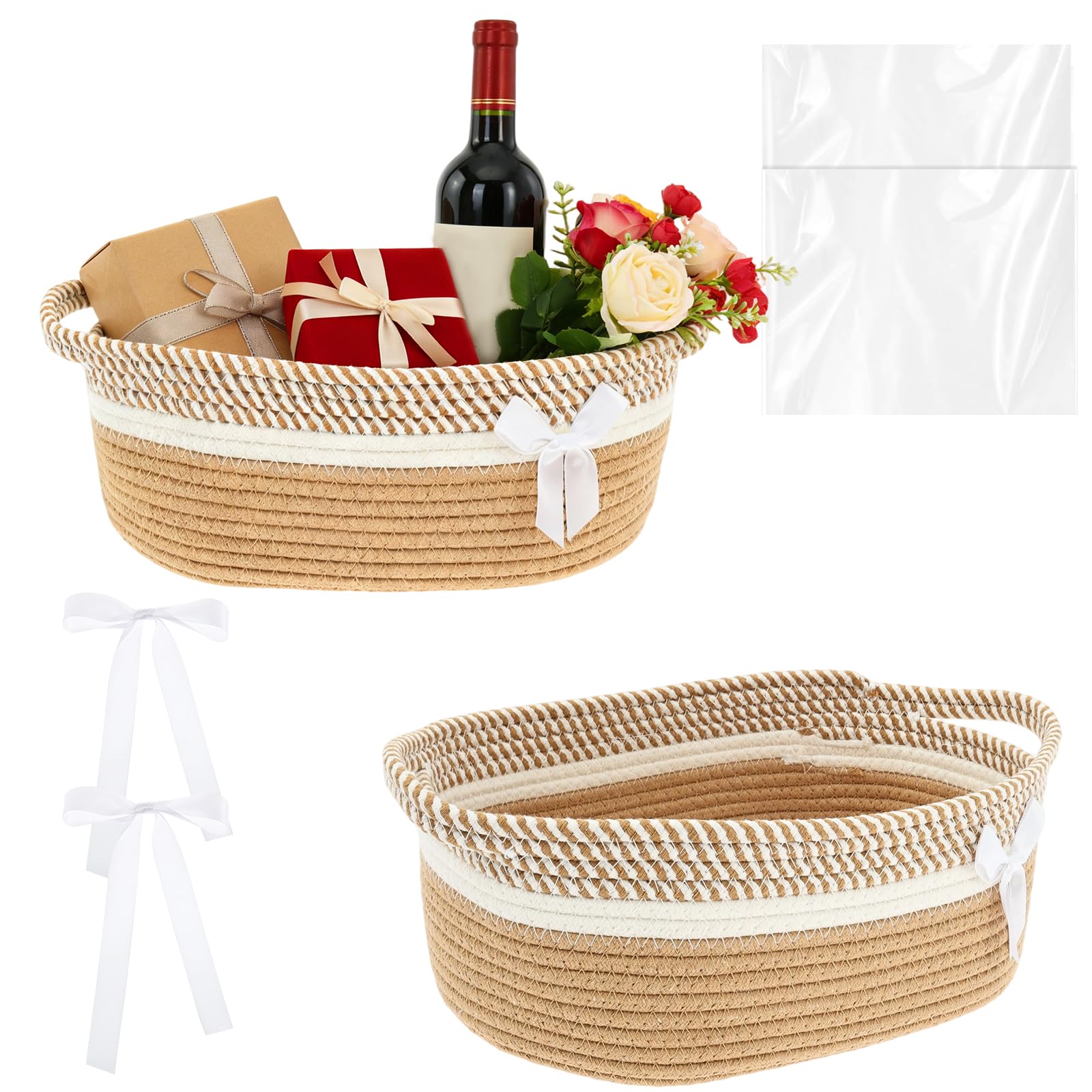 Woven Present Basket Empty, 37x24.5x14cm Woven Rope Present Basket Storage, Valentine's Day Empty Decorative Chest Box, Hamper Baskets Gifts to Fill, with Ribbon Bow Tie and Bag for Friend(brown)