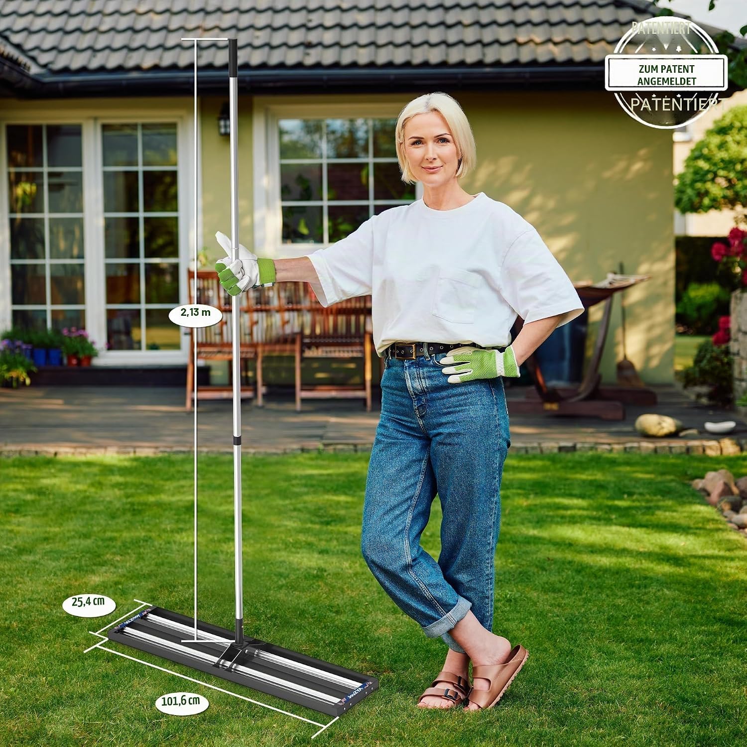 Rasen-Nivellierrechen Edelstahl mit Alurolle | Lawn Leveling Rake with Stainless Steel Head & Adjustable Handle for Lawn Care, Soil Sand Leveling, 76,2 cm