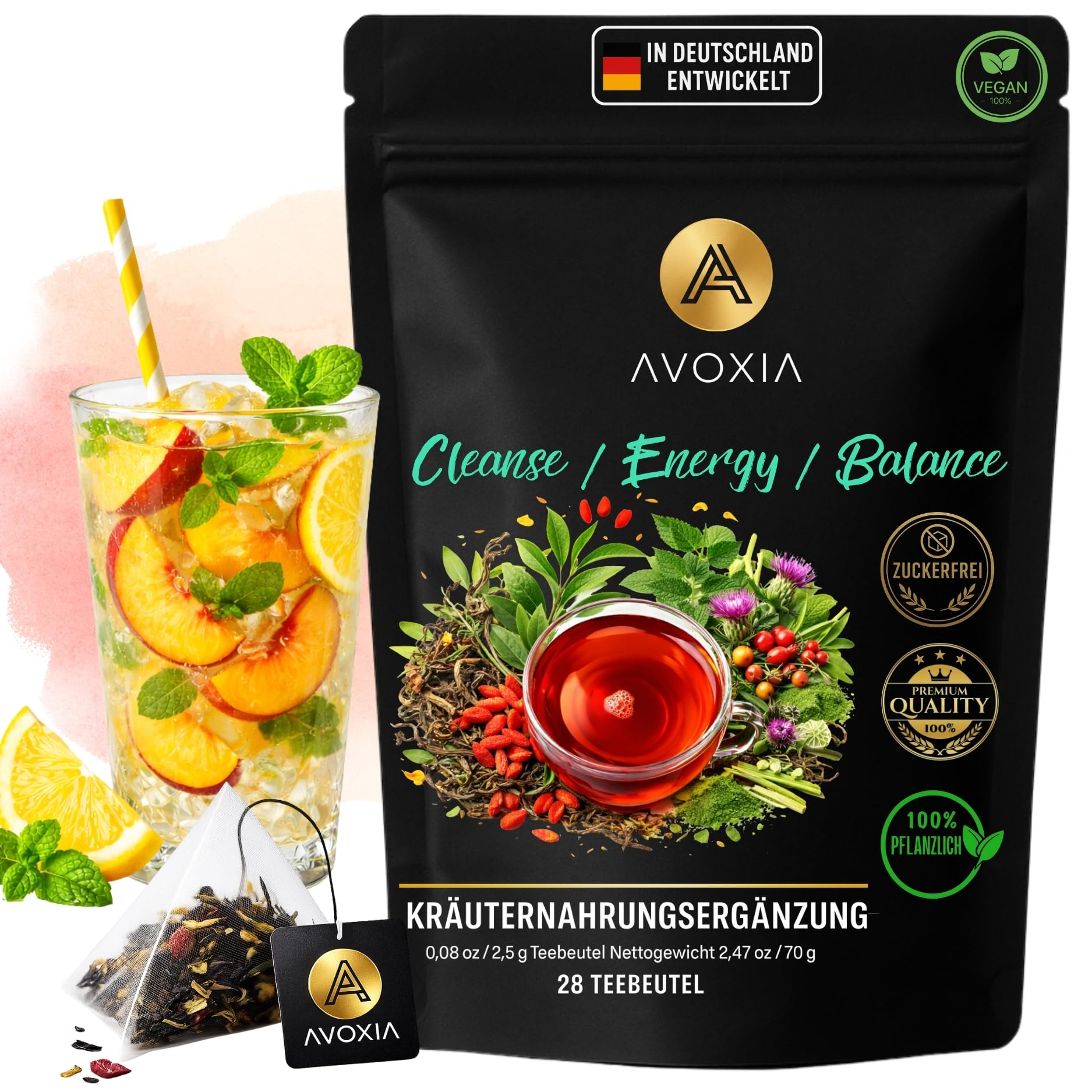 Avoxia® Kräuternahrungsergänzung – Premium Tee mit Löwenzahn, Ginseng & Ingwer – Idealer Begleiter bei Fasten & Kaloriendefizit – Für dein leichtes Bauchgefühl – Vegan (28 Beutel)