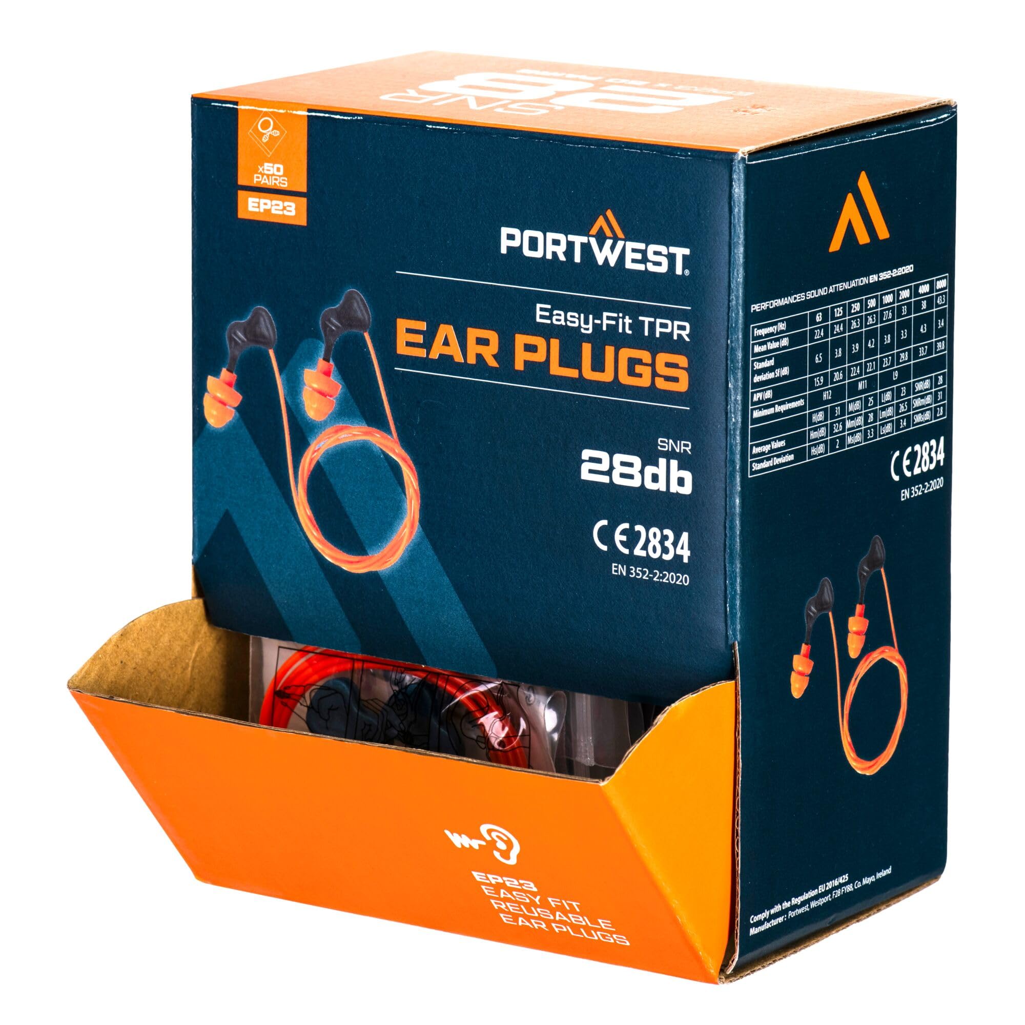 Portwest EP23 Lot de 50 paires de bouchons d'oreille en TPR faciles à régler