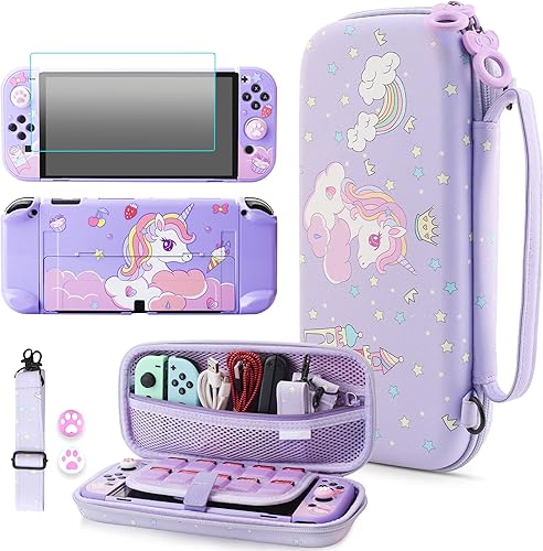 Cute of Unicorn - Funda de transporte para Nintendo Switch OLED, paquete de accesorios morados con bolsa de viaje Switch, funda protectora dura,